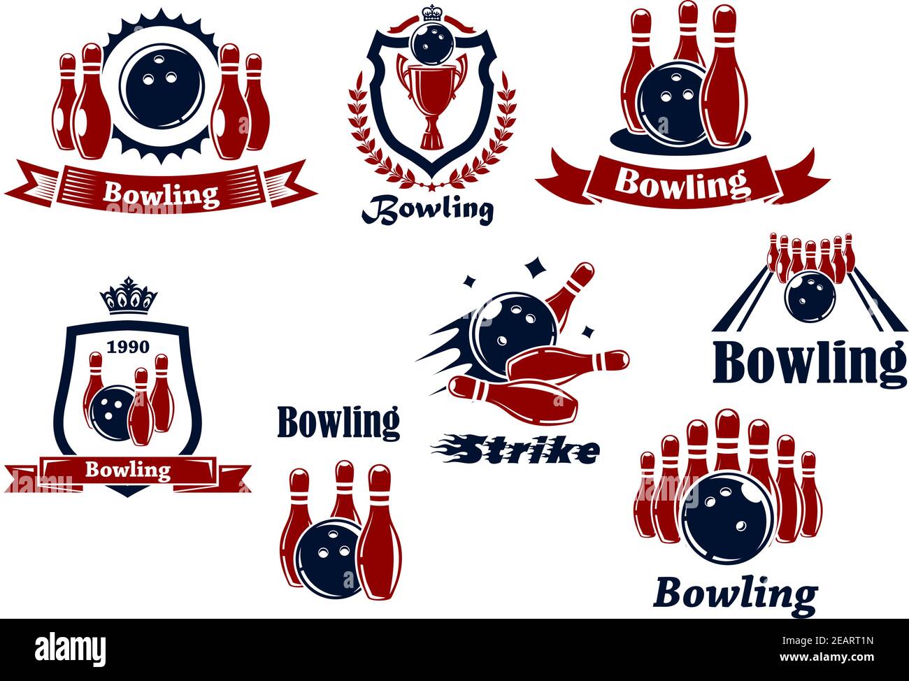 Emblemi sportivi o logo per la squadra di bowling o club con palline da bowling, birilli, vicolo, trofeo, scudi, bandiere, corone, corona e didascalie Bowling, Str Illustrazione Vettoriale