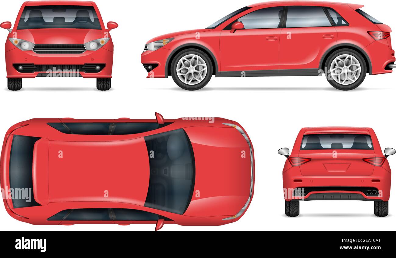 Mockup vettoriale SUV realistico. Modello isolato di auto rossa su sfondo bianco per il branding dei veicoli e l'identità aziendale. Illustrazione Vettoriale