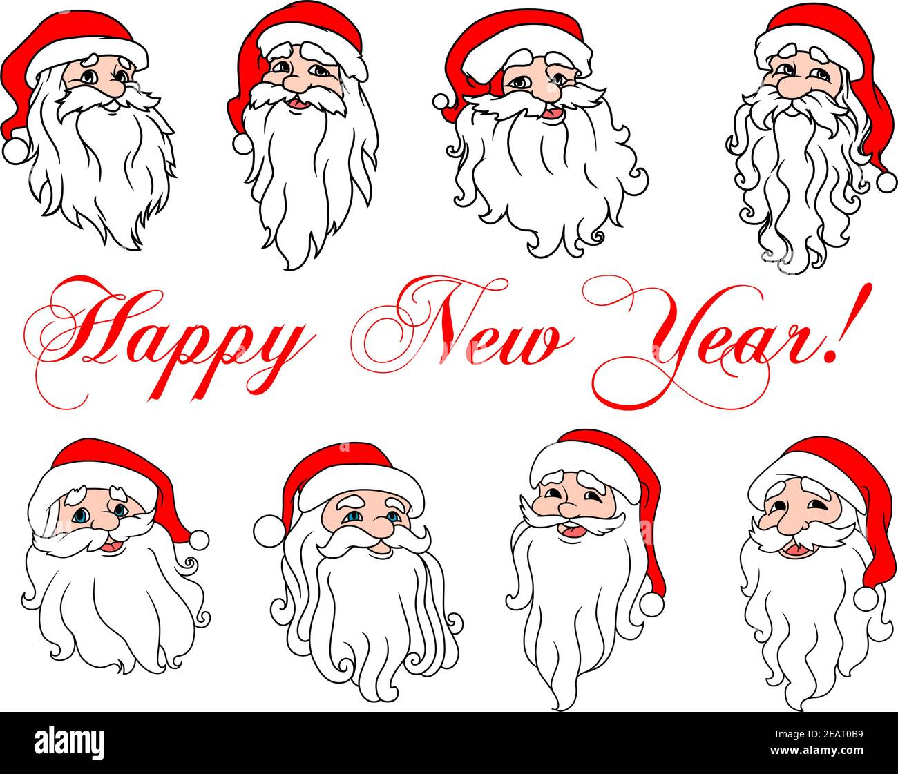 Set di Babbo Natale ridendo teste icone in stile cartoon con cappello tradizionale rosso, grande barba bianca e testo di saluto felice anno nuovo Illustrazione Vettoriale