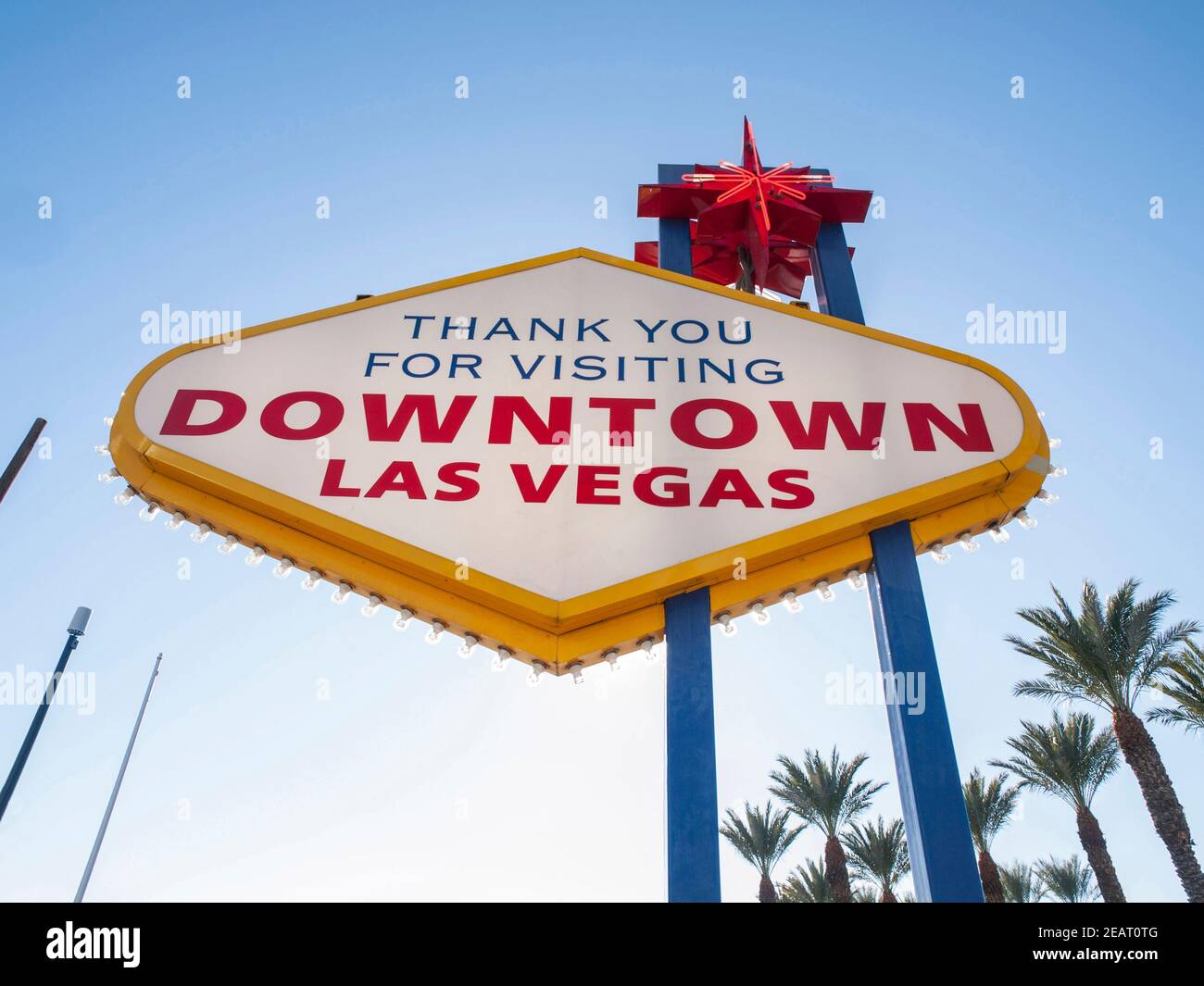 Grazie per la vostra visita. Dietro l'insegna Welcome to Fabulous Downtown Las Vegas nel Nevada meridionale. Foto Stock