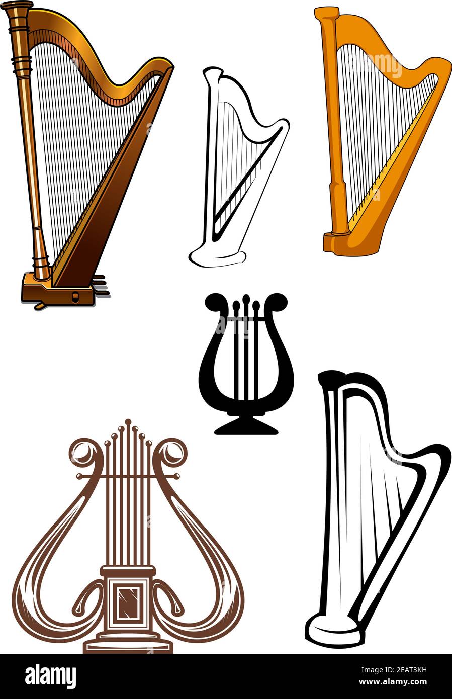 Collezione di classici strumenti musicali a corda icone con contorno e. illustrazione dettagliata di arpe e lire isolate su sfondo bianco Illustrazione Vettoriale