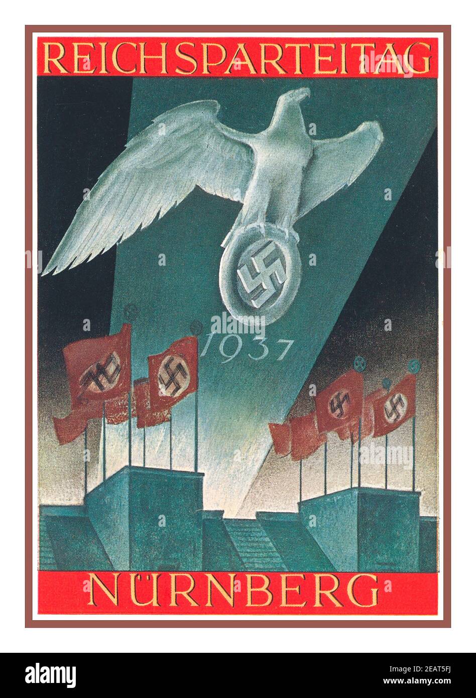 Vintage 1930's Nazi Propaganda Poster Card 'ReichSPARTEITAG NURNBERG Nazi Germania 1937 con l'aquila tedesca che stringe l'emblema di swastika Reichs Party Day Foto Stock