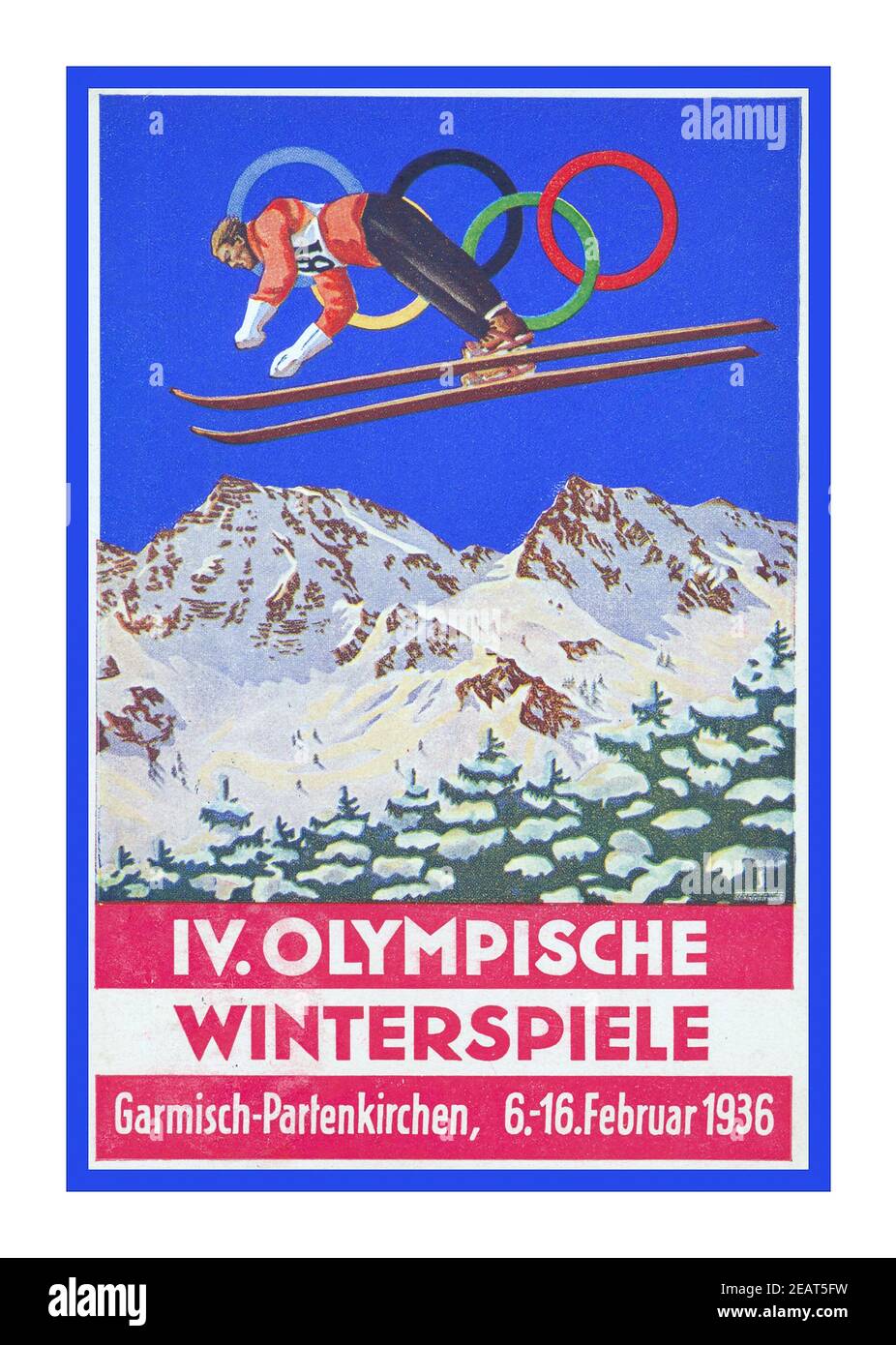 1936 le Olimpiadi invernali il Poster d'epoca, ufficialmente noto come IV Giochi Olimpici invernali, è stato un evento sportivo che si è tenuto dal 6 al 16 febbraio 1936 nella città mercato di Garmisch-Partenkirchen in Baviera, Germania. Il paese ha ospitato anche le Olimpiadi estive del 1936, che si sono tenute a Berlino, Germania nazista Foto Stock