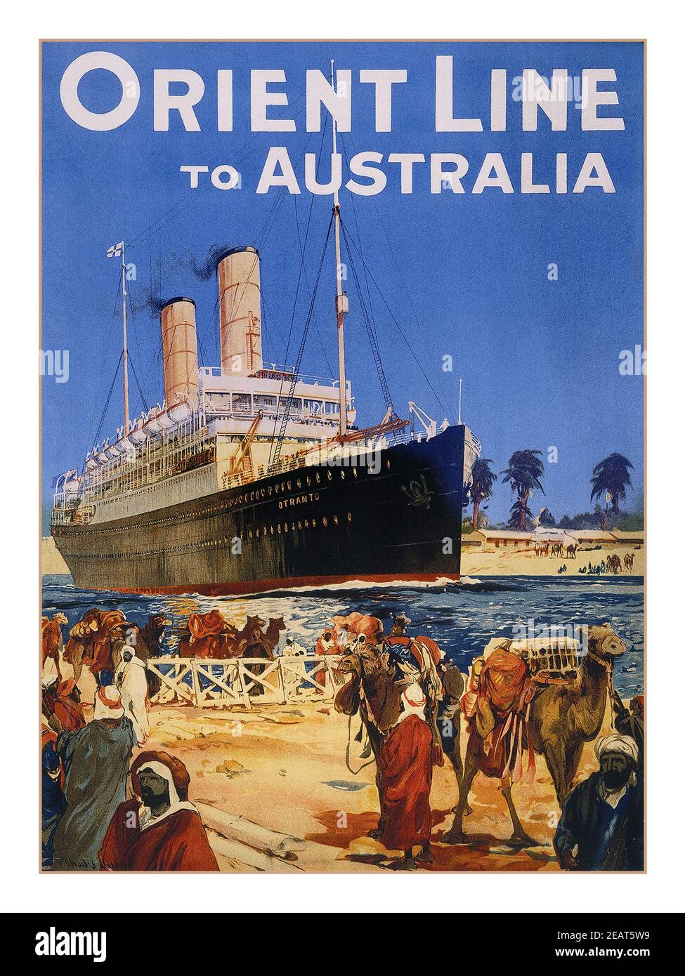 Vintage 1912 Ocean Liner Steamship Orient Line to Australia la Orient Steam Navigation Company, conosciuta anche come Orient Line, era una compagnia di navigazione britannica con radici che risalgono alla fine del XVIII secolo. Dall'inizio del XX secolo in poi è iniziata un'associazione con P&o, che è diventata azionista al 51% nel 1919 e culminata nel 1966 nella Orient Line. Foto Stock