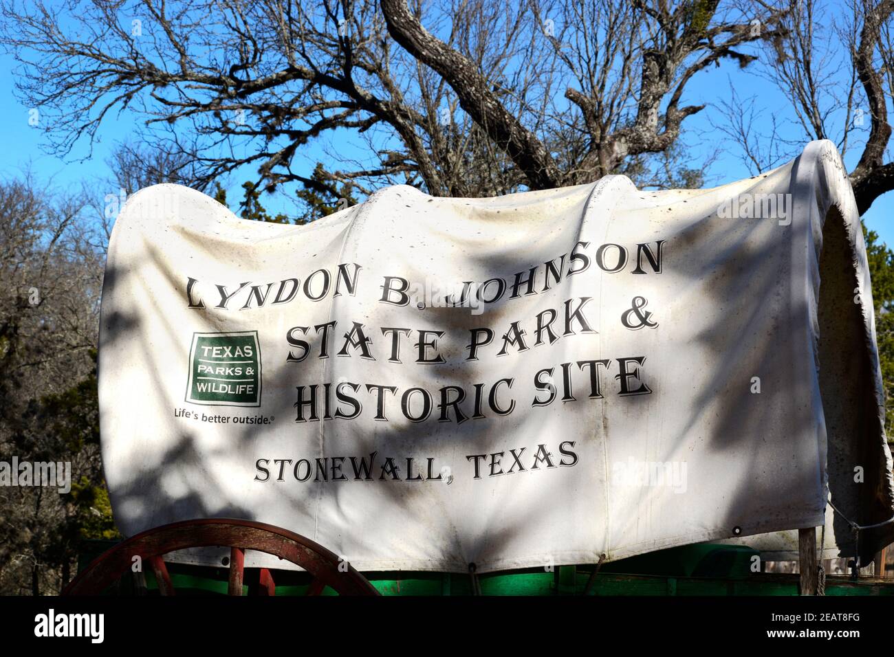 Un carro coperto al Lyndon B. Johnson state Park ad Historic Site a Stonewall, Texas. Foto Stock