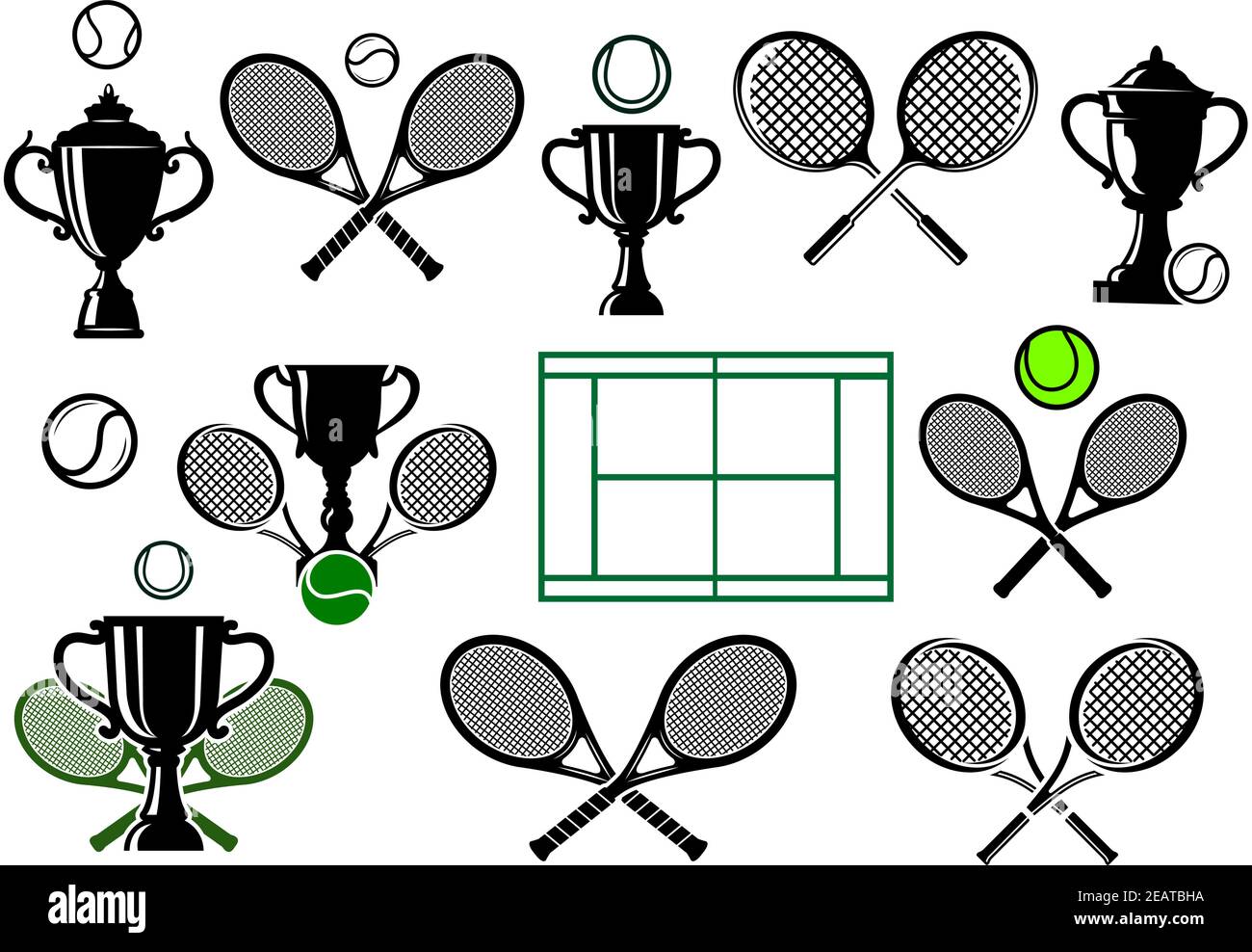 Elementi di design per logo tennis o emblema con racchette incrociate,  palline, coppe trofei, campo in colori nero e verde isolato su sfondo  bianco Immagine e Vettoriale - Alamy