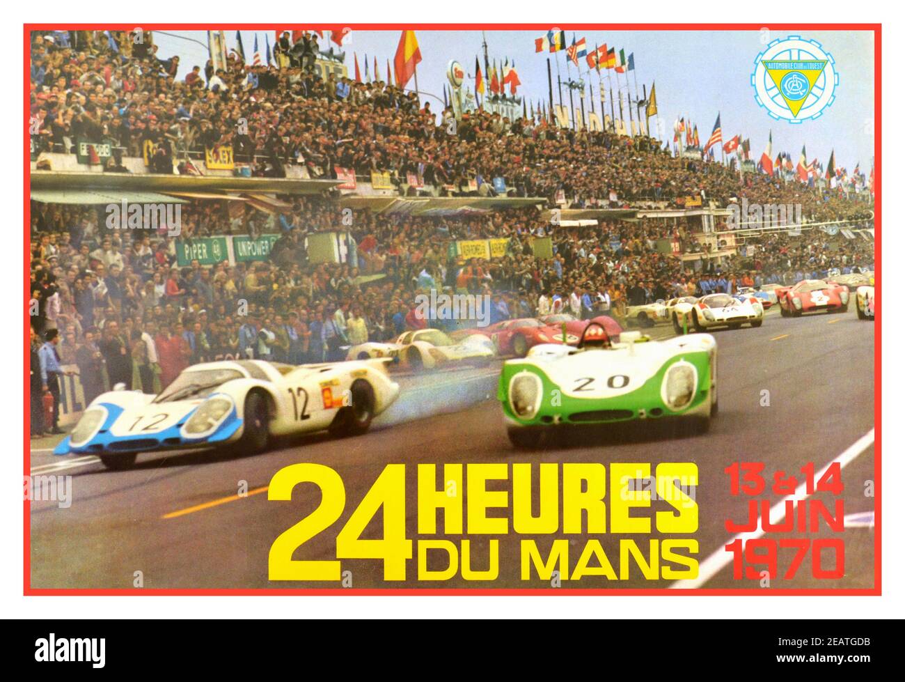 LE MANS Vintage 1970 POSTER 24 heures du mans 24 ore di gara le Mans Francia 13-14 giugno 1970 partenza gara di resistenza sportiva. Solo sette vetture sono state classificate come finitrici ed è stata vinta dai veterani di gara Hans Herrmann e dal co-pilota Richard ‘Dickie’ Attwood in una Porsche 917 Foto Stock
