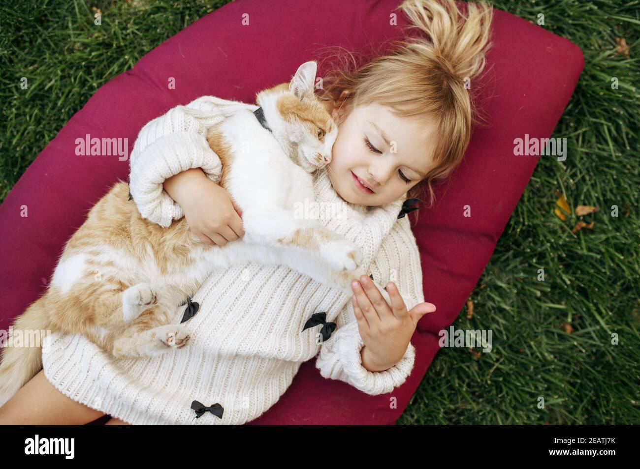 Capretto con gatto che si trova su una coperta nel giardino Foto Stock