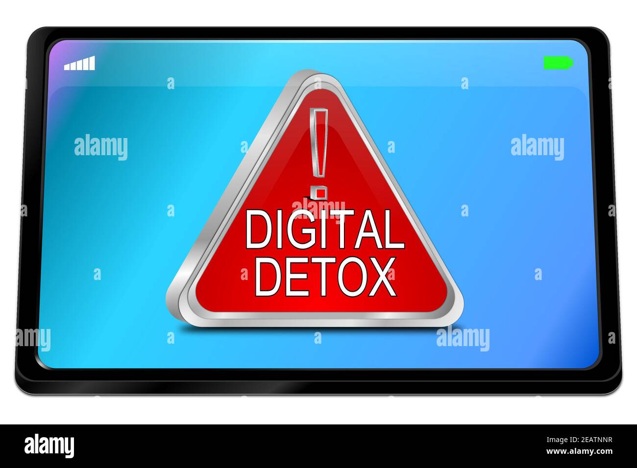 Tablet computer con pulsante rosso Digital Detox sul desktop blu - illustrazione 3D Foto Stock