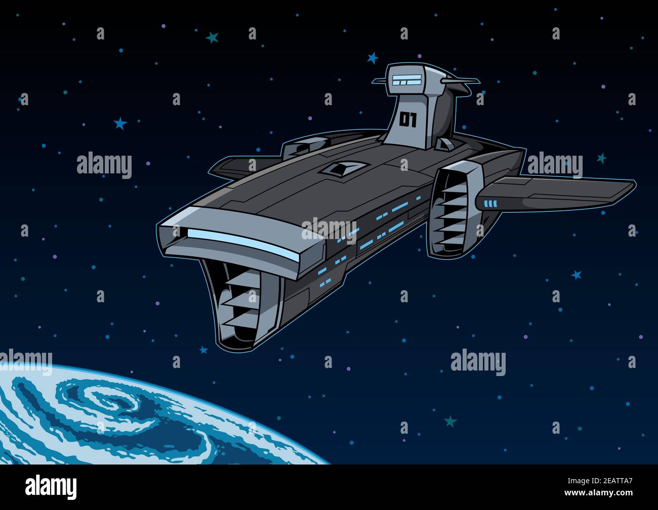 Pianeta orbitante astronave Illustrazione Vettoriale