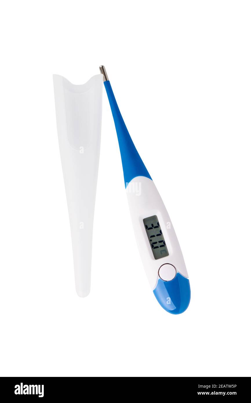 Termometro elettronico moderno, isolato su sfondo bianco Foto Stock