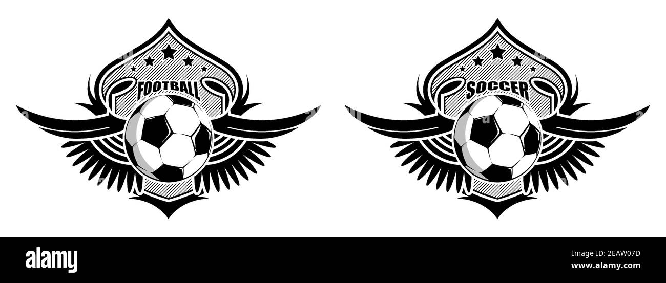 Palla di calcio sullo sfondo di scudo stilizzato con ali. Emblemi sportivi del calcio classico. Simbolo del torneo. Colore facile da modificare. Vettore Illustrazione Vettoriale