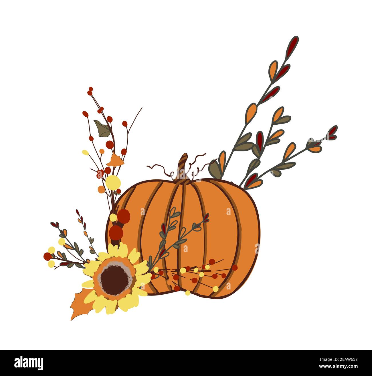 ZUCCA AUTUNNALE. SIMBOLO DI RACCOLTO E BENESSERE. HALLOWEEN. Adesivo giorno del ringraziamento. Foto Stock