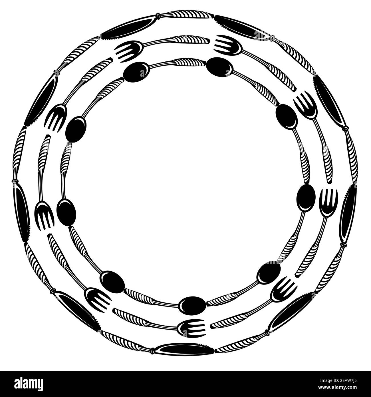 Cornice per il cibo per il caffè. Logo con coltello a cucchiaio a forchetta isolato su sfondo bianco Foto Stock