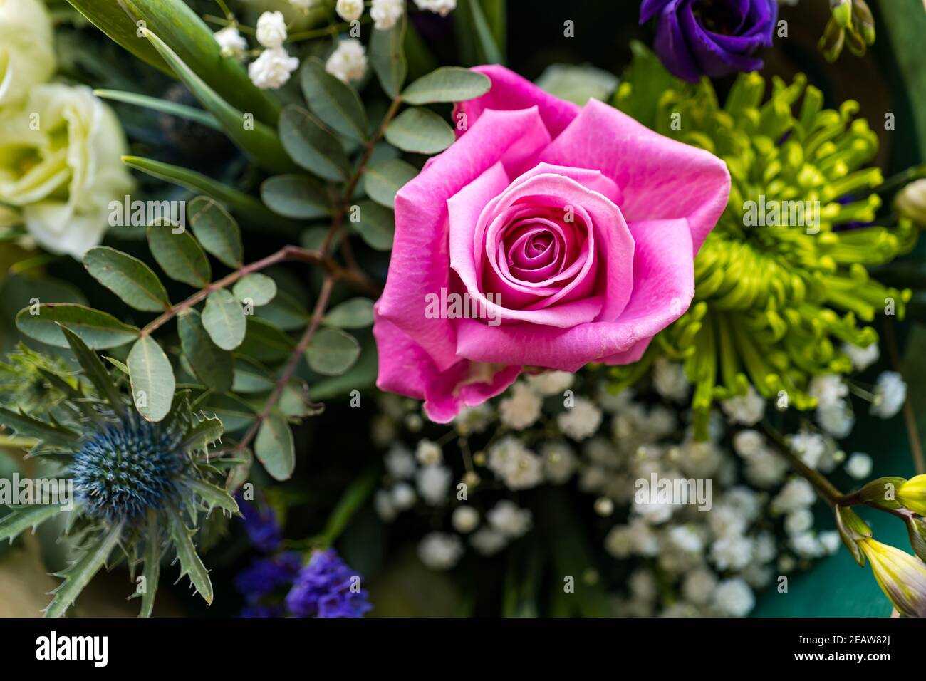 Primo piano di un bouquet di fiori con un rosa rosa Foto Stock
