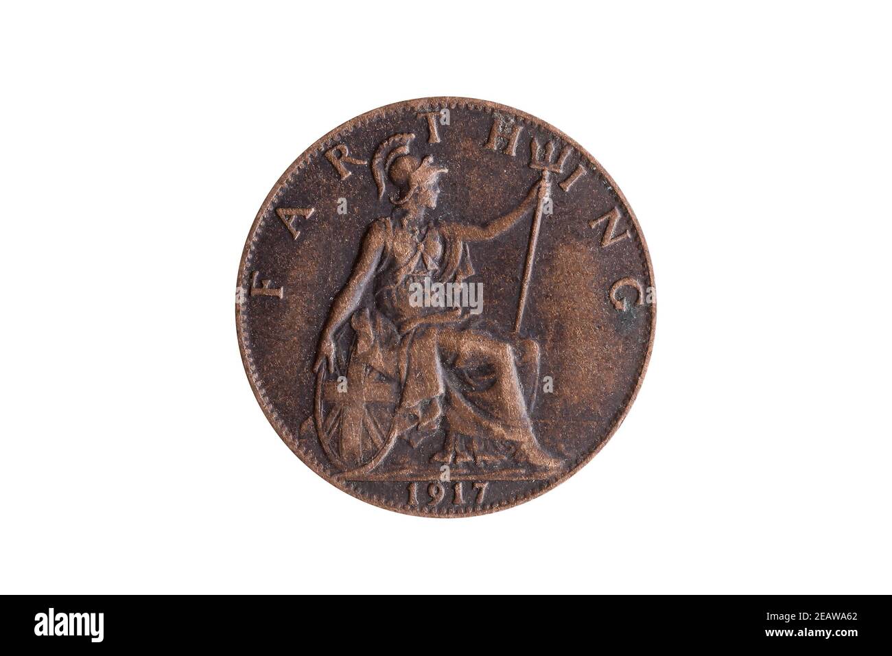 Vecchia moneta da 1917 George V Farthing dell'Inghilterra UK reverse Britannia tagliato e isolato Foto Stock