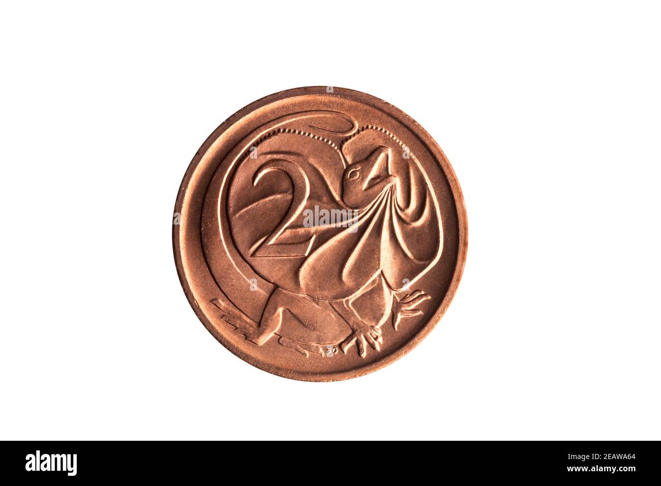 Australia moneta da due centesimi con immagine di un frill Lizard a collo tagliato e isolato Foto Stock