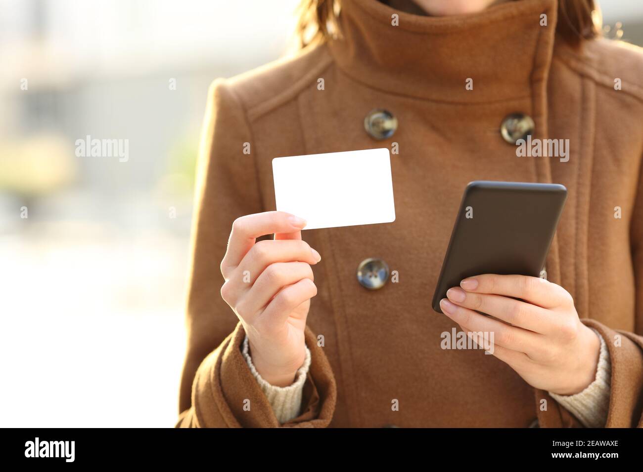 Mani donna che tengono carta e telefono in bianco in inverno Foto Stock