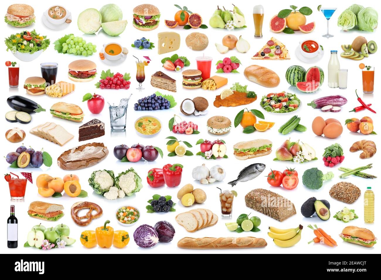 Raccolta di cibo e bevande sfondo collage sano mangiare frutta verdura bevande alla frutta isolate Foto Stock