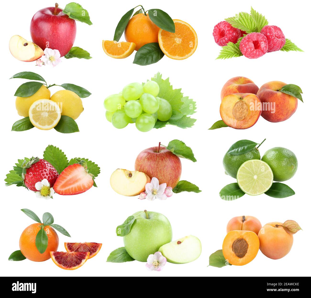 Raccolta di prodotti alimentari frutta mela arancia bacche albicocche mele arance fresche frutta isolata su bianco Foto Stock