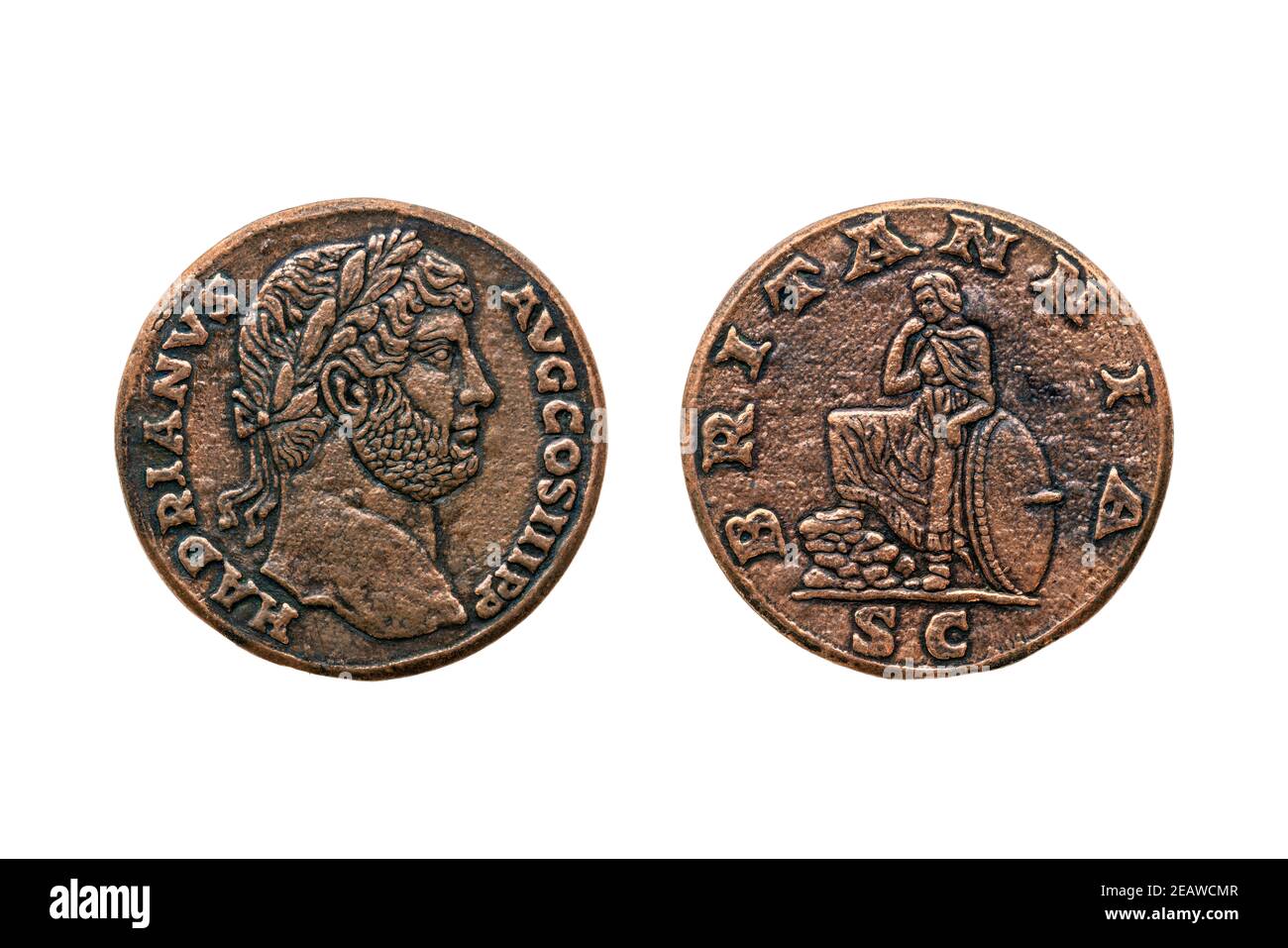 Moneta Sestertius romana dell'imperatore romano Adriano Foto Stock