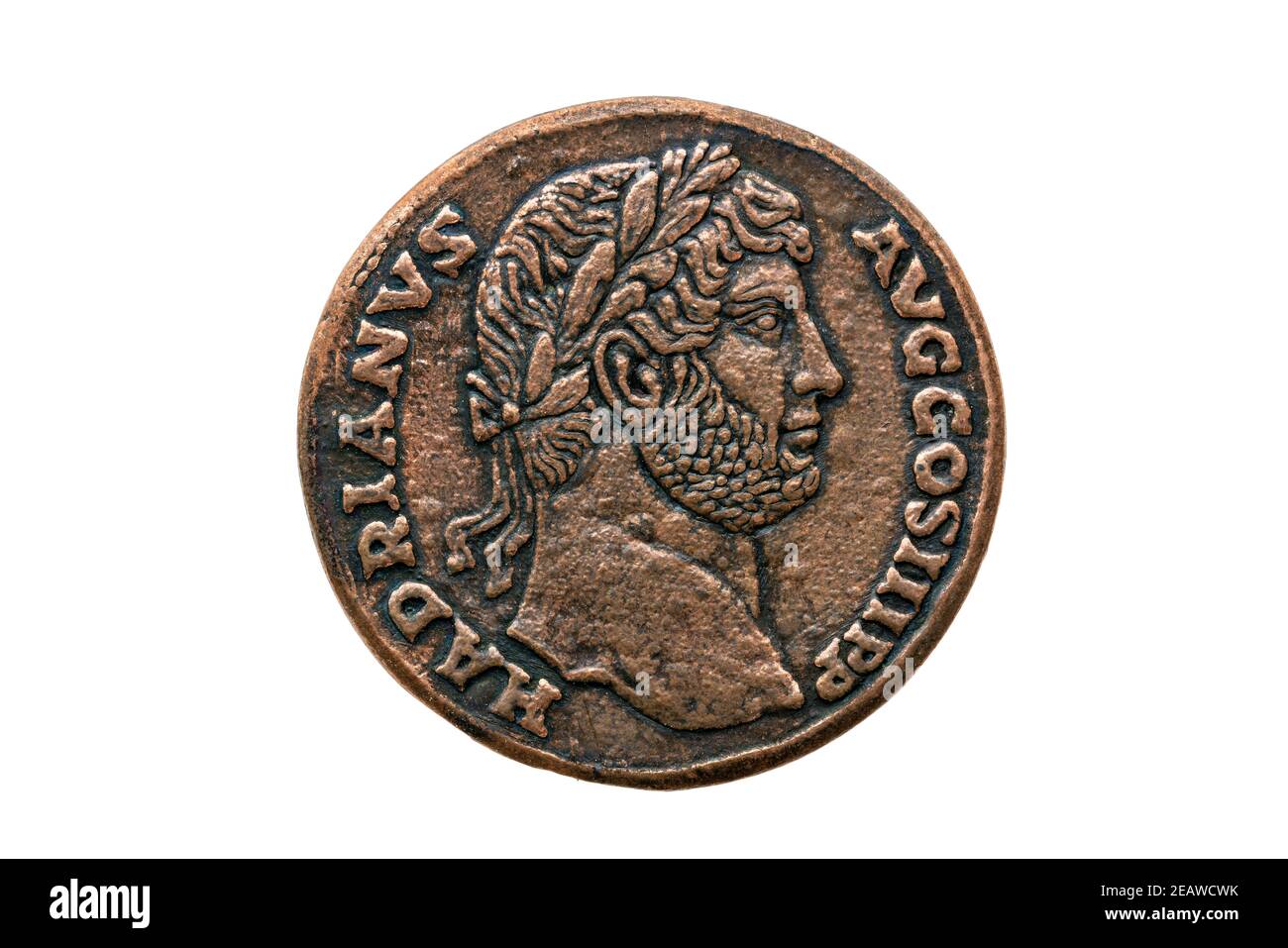 Moneta Sestertius romana dell'imperatore romano Adriano Foto Stock