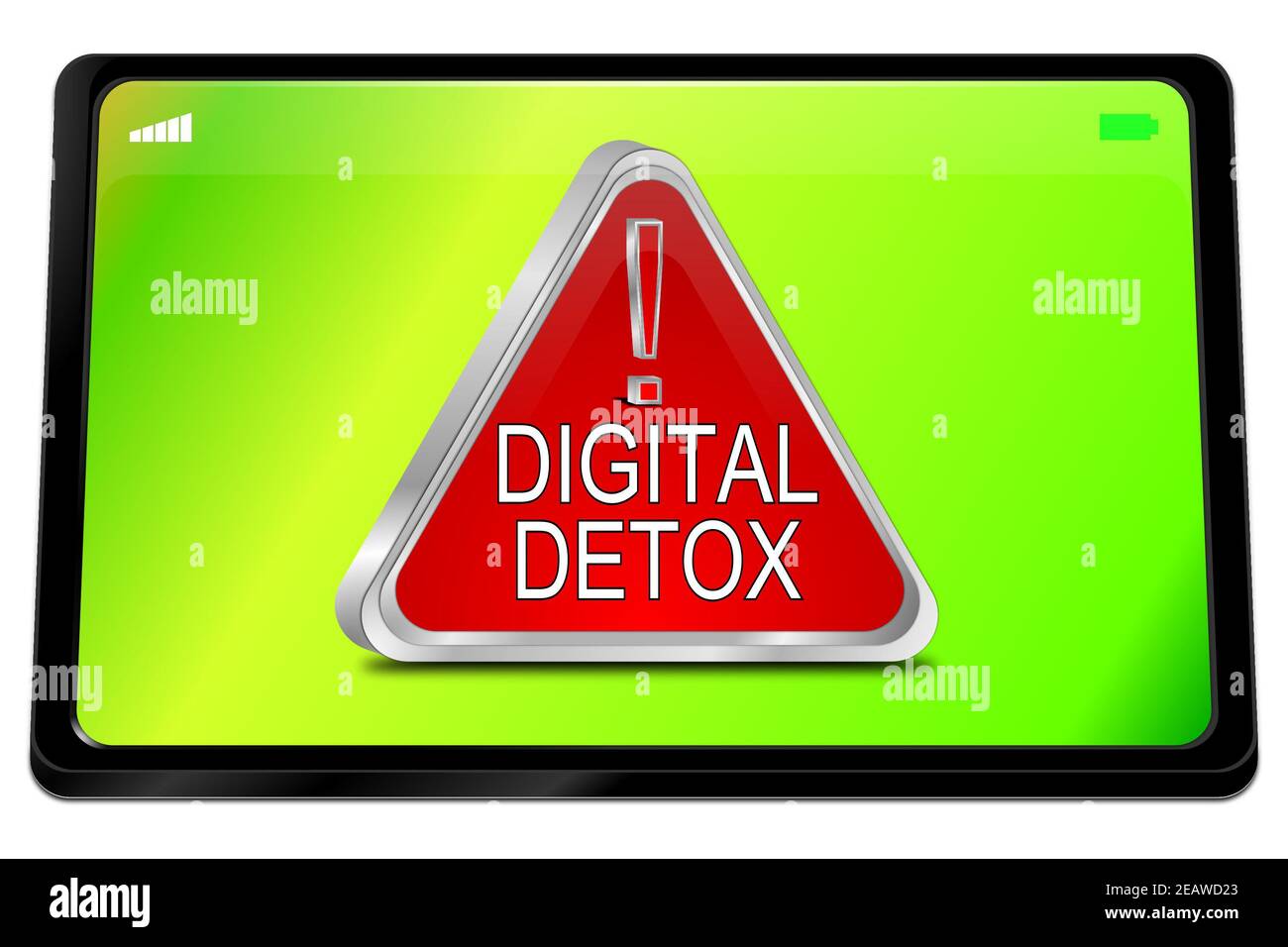 Tablet con pulsante rosso Detox digitale sul desktop verde - illustrazione 3D Foto Stock