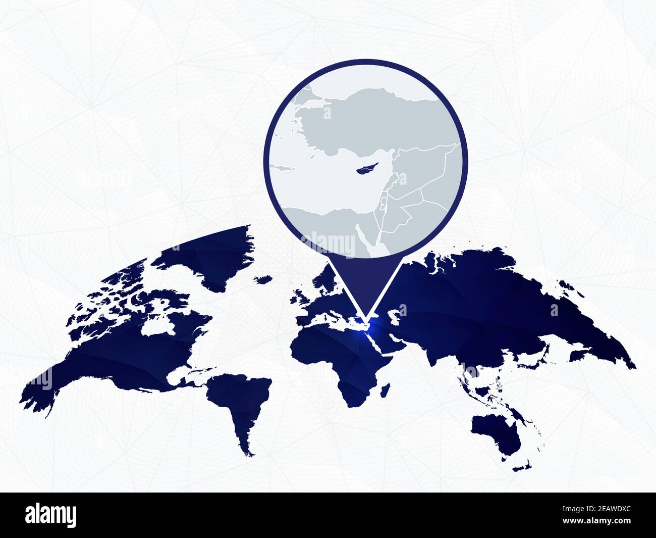 Mappa dettagliata di Cipro evidenziata sulla mappa mondiale arrotondata blu. Mappa di Cipro in cerchio. Illustrazione Vettoriale