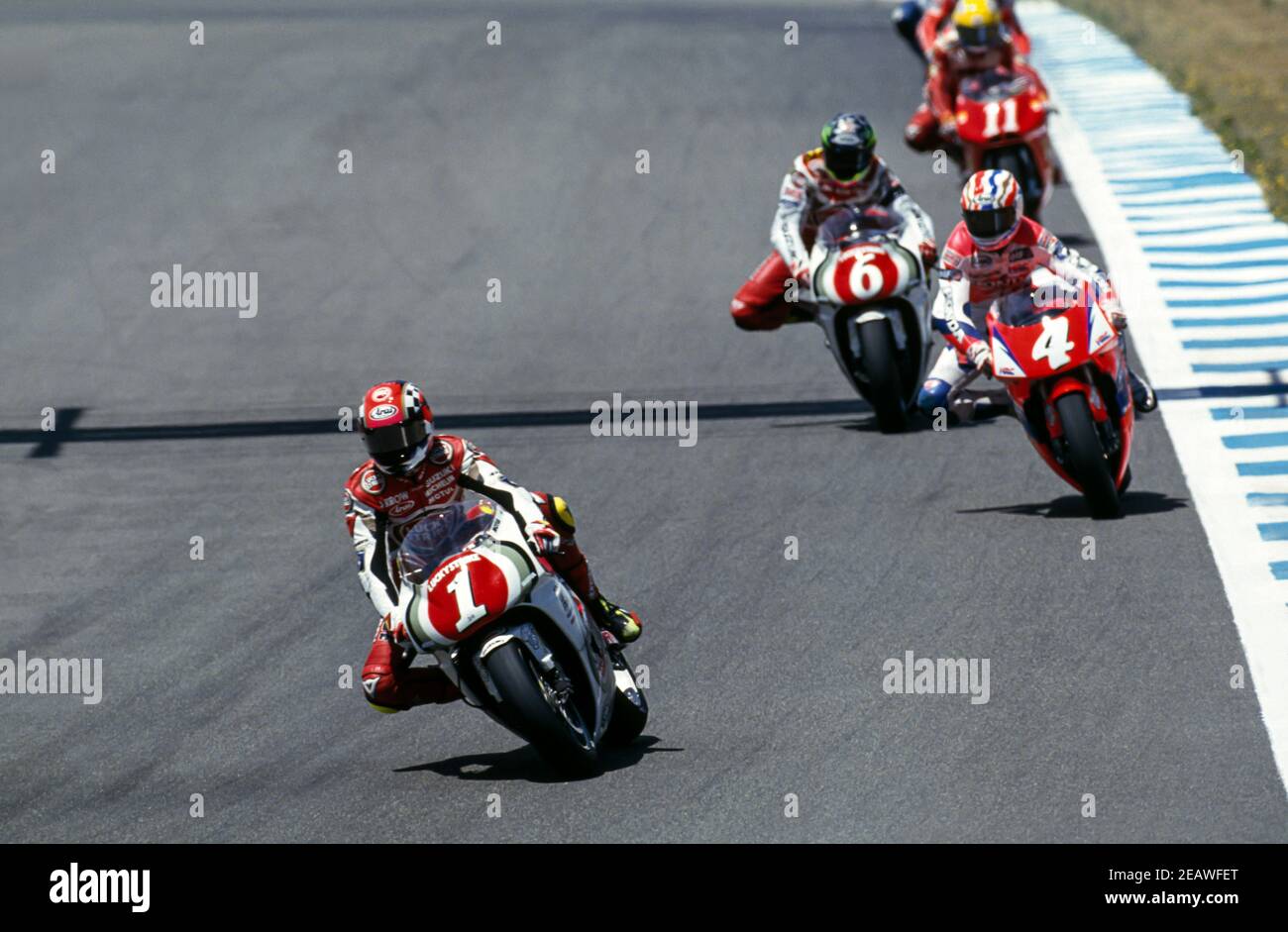 Schwantz, (USA), Doohan (AUST), Barros (BRAZ), Kocinski (USA), Gran Premio di motociclo spagnolo, Jerez 1994 Foto Stock