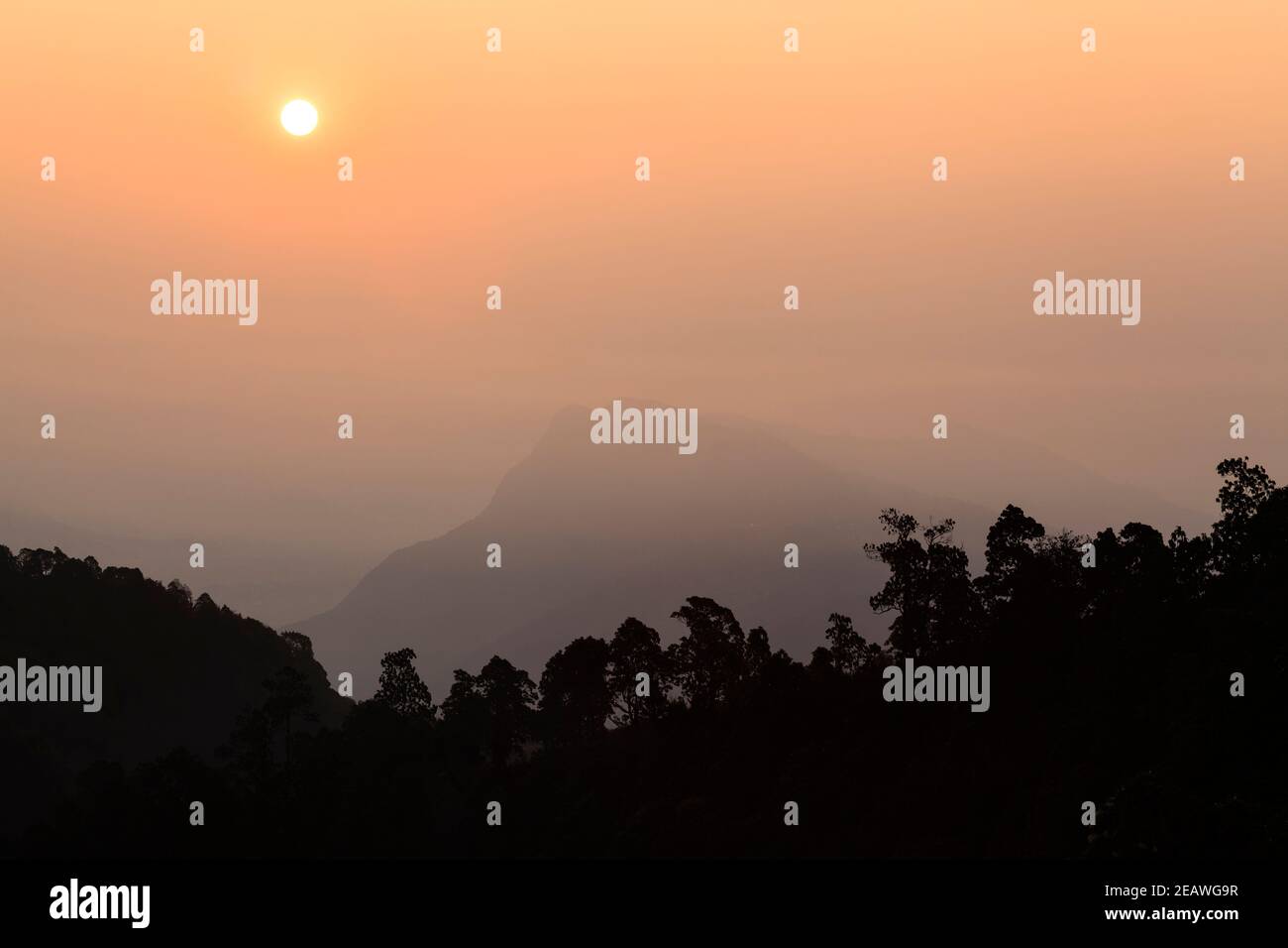 Colline himalayane dalle silhouette all'alba, a sud della catena montuosa dell'Annapurna. Nepal. Foto Stock