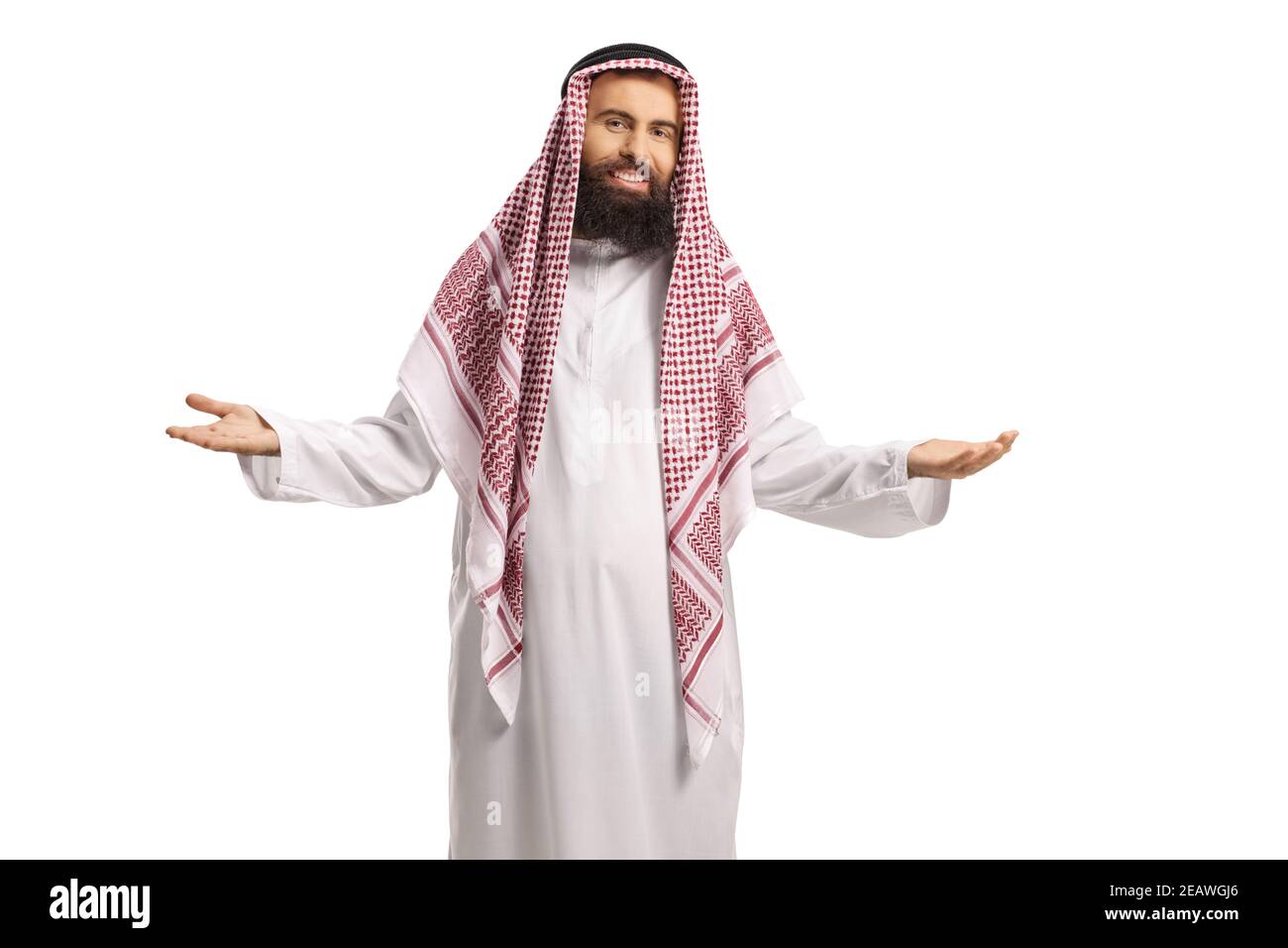 Uomo arabo Saudita accogliente con mani isolate su sfondo bianco Foto Stock