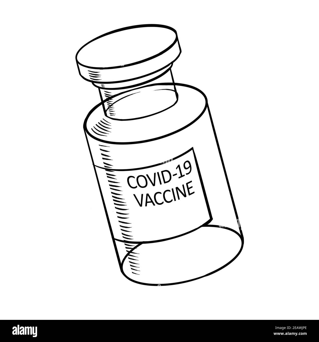 COVID-19 icona flaconcino vaccino coronavirus, illustrazione con testo inscriprione, doodle e scetch, vaccinazione Foto Stock