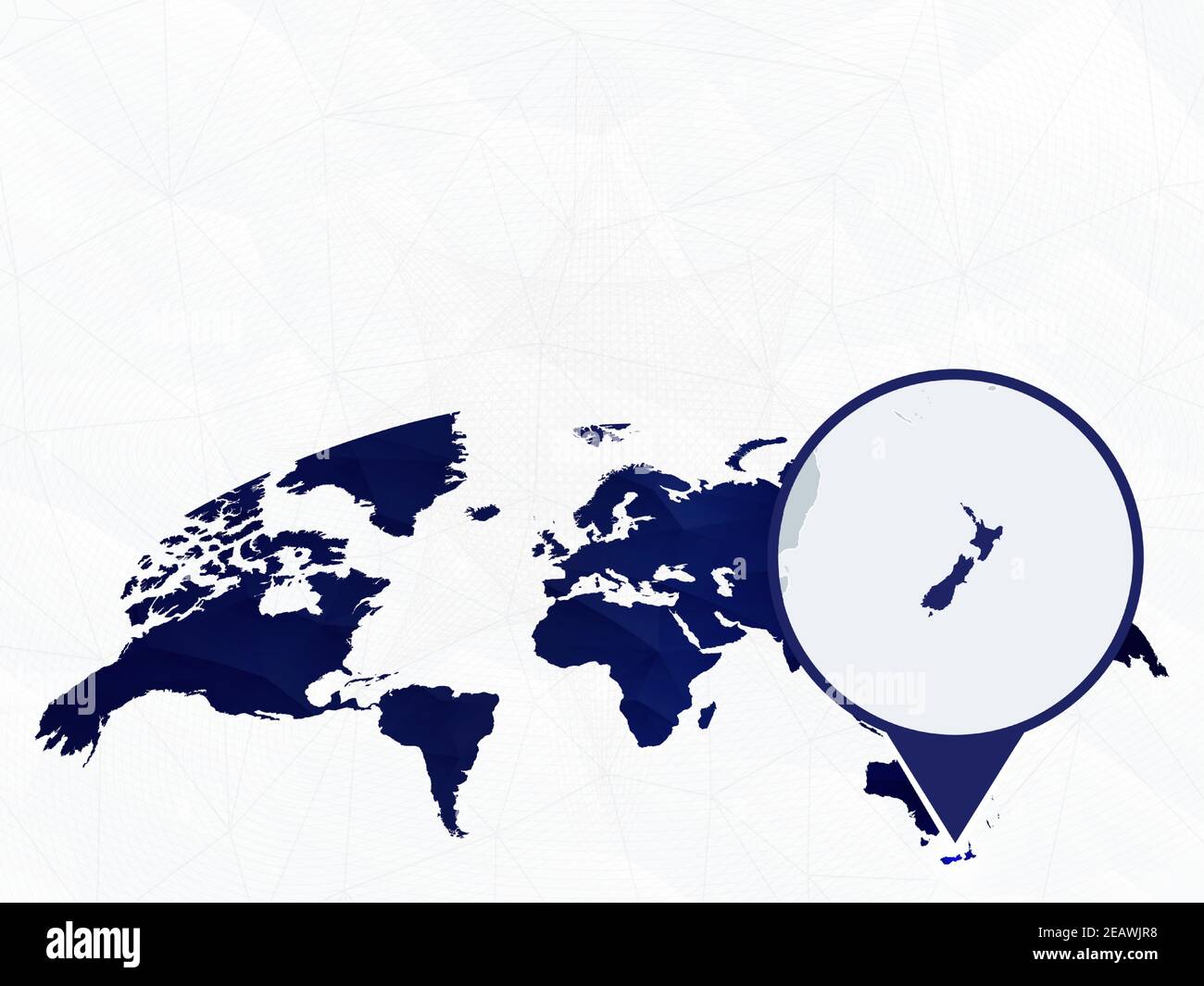 Mappa dettagliata della Nuova Zelanda evidenziata sulla mappa mondiale arrotondata in blu. Mappa della Nuova Zelanda in cerchio. Illustrazione Vettoriale