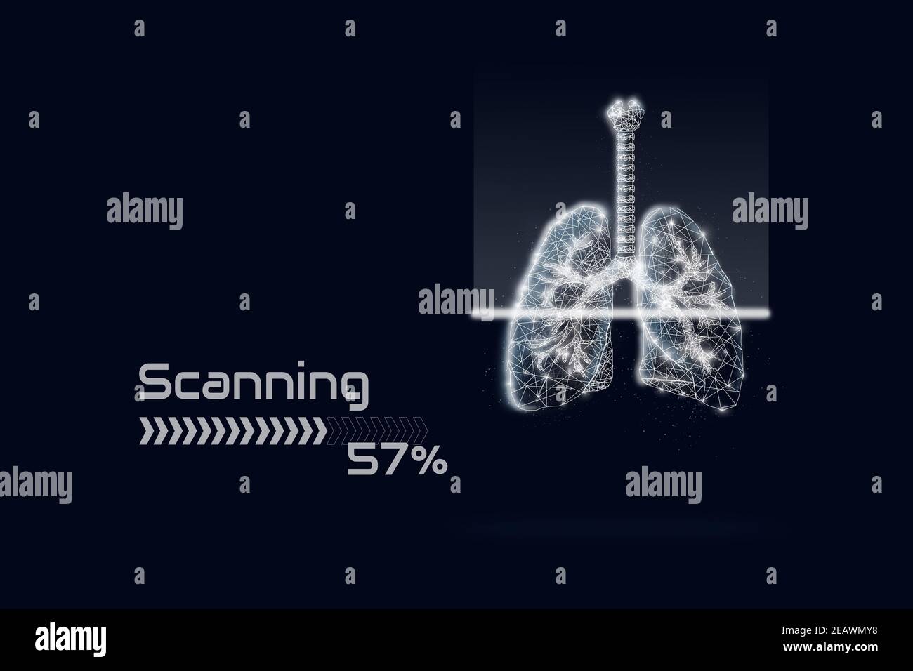 Scansione dell'ologramma polylung basso su sfondo blu scuro. Covid-19. Scansione dei polmoni umani. Foto Stock