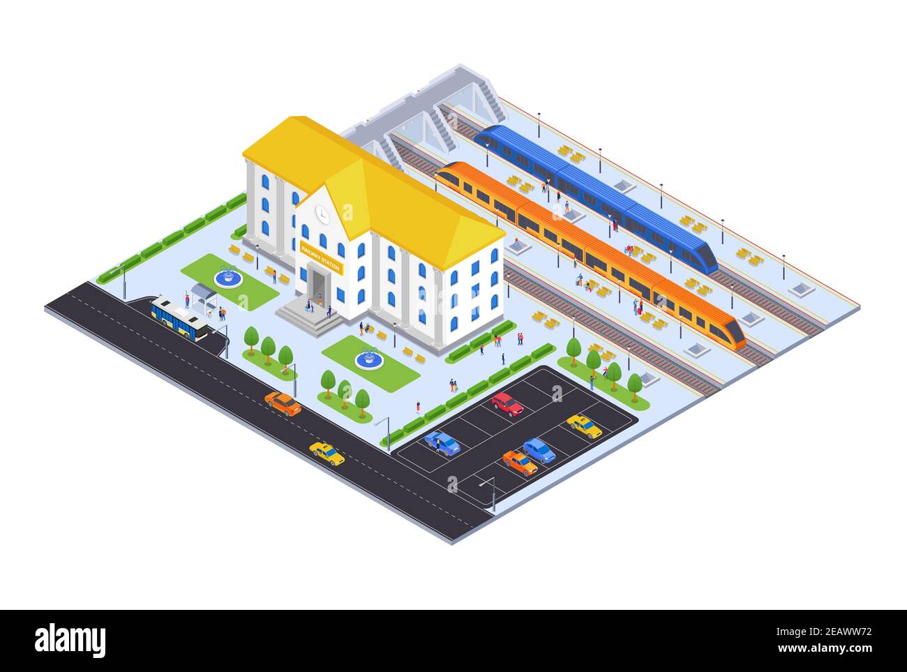 Stazione ferroviaria - moderno vettore colorato illustrazione isometrica. Paesaggio urbano con piattaforme, treni, passeggeri, fermata dell'autobus e parcheggi. Develo Illustrazione Vettoriale