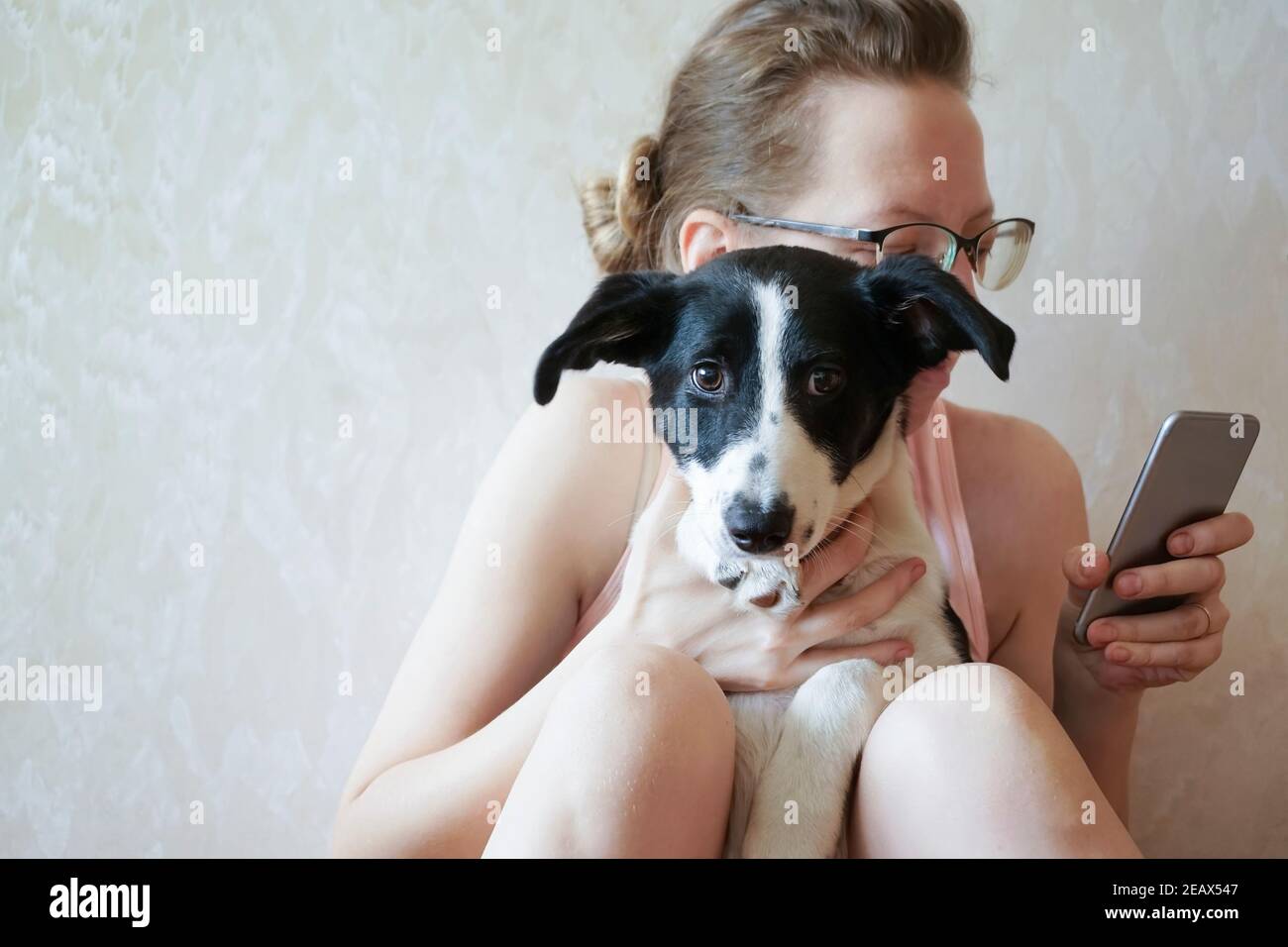 Giovane donna con simpatico cucciolo e smartpone Foto Stock