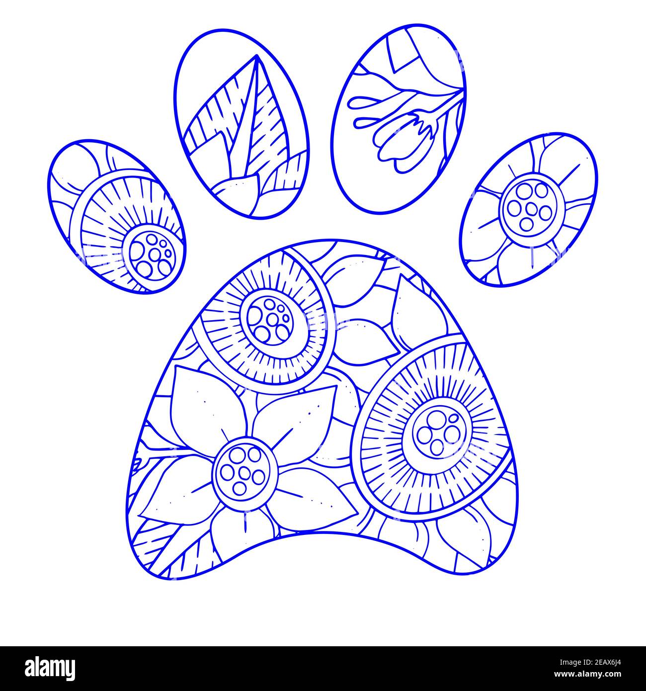 Silhouette di zampe di cane biue in cerchio con doodle fiori astratti e foglie. Illustrazione vettoriale, concetto di zentangle Illustrazione Vettoriale