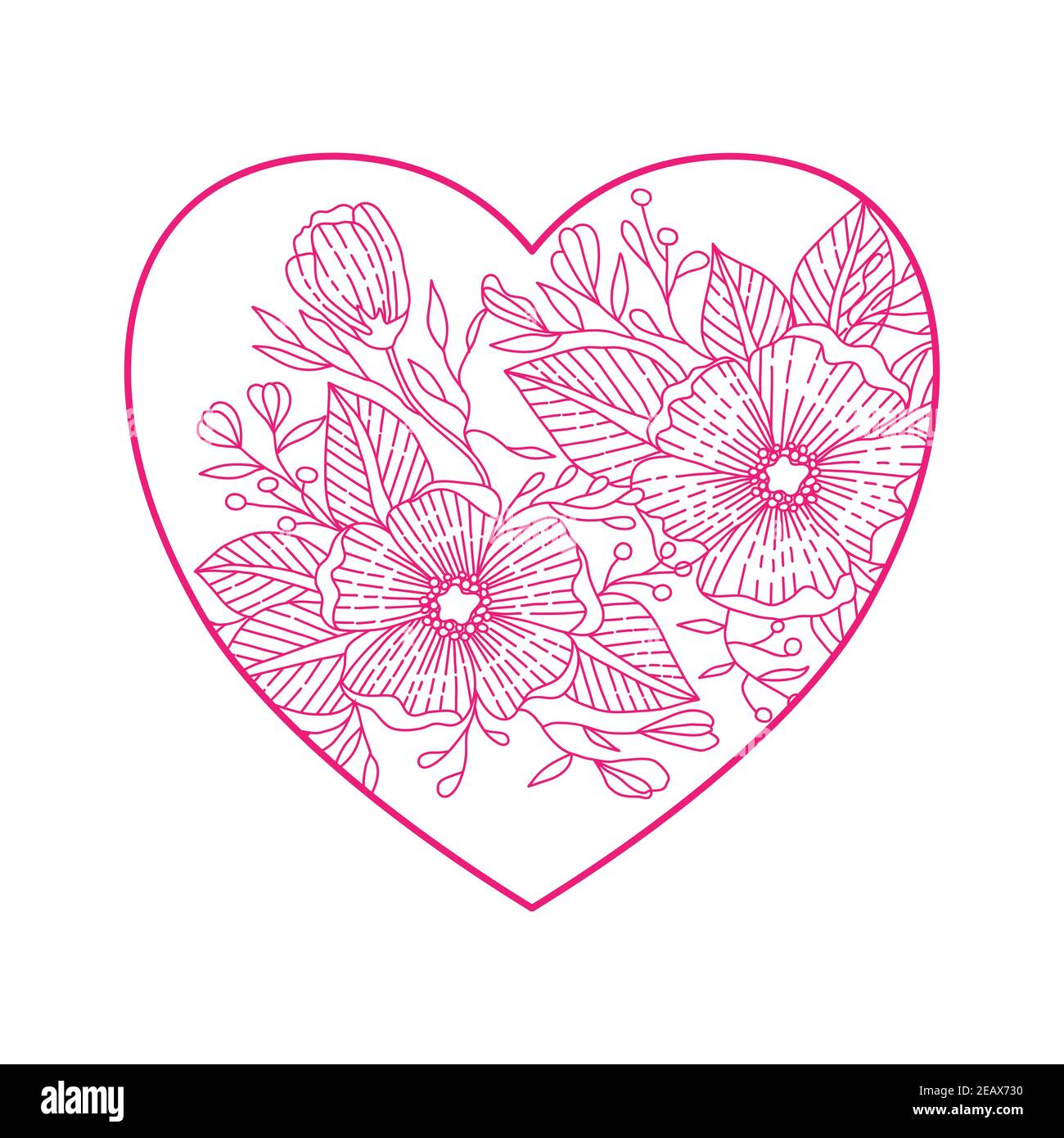 Cuore con doodle fiori a zentangle per San Valentino, isolato su sfondo bianco. Illustrazione vettoriale disegnata a mano. Ornamento flopale in rosso e bianco Illustrazione Vettoriale