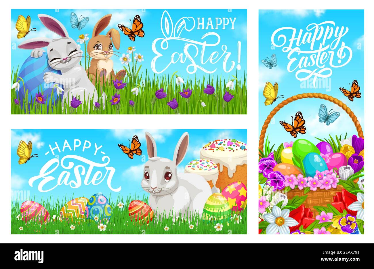 Striscioni vettoriali di Pasqua felice, coniglietti di cartoni animati con uova dipinte su prato con lame verdi d'erba, fiori, torte festive e cesto con fiori. EAS Illustrazione Vettoriale
