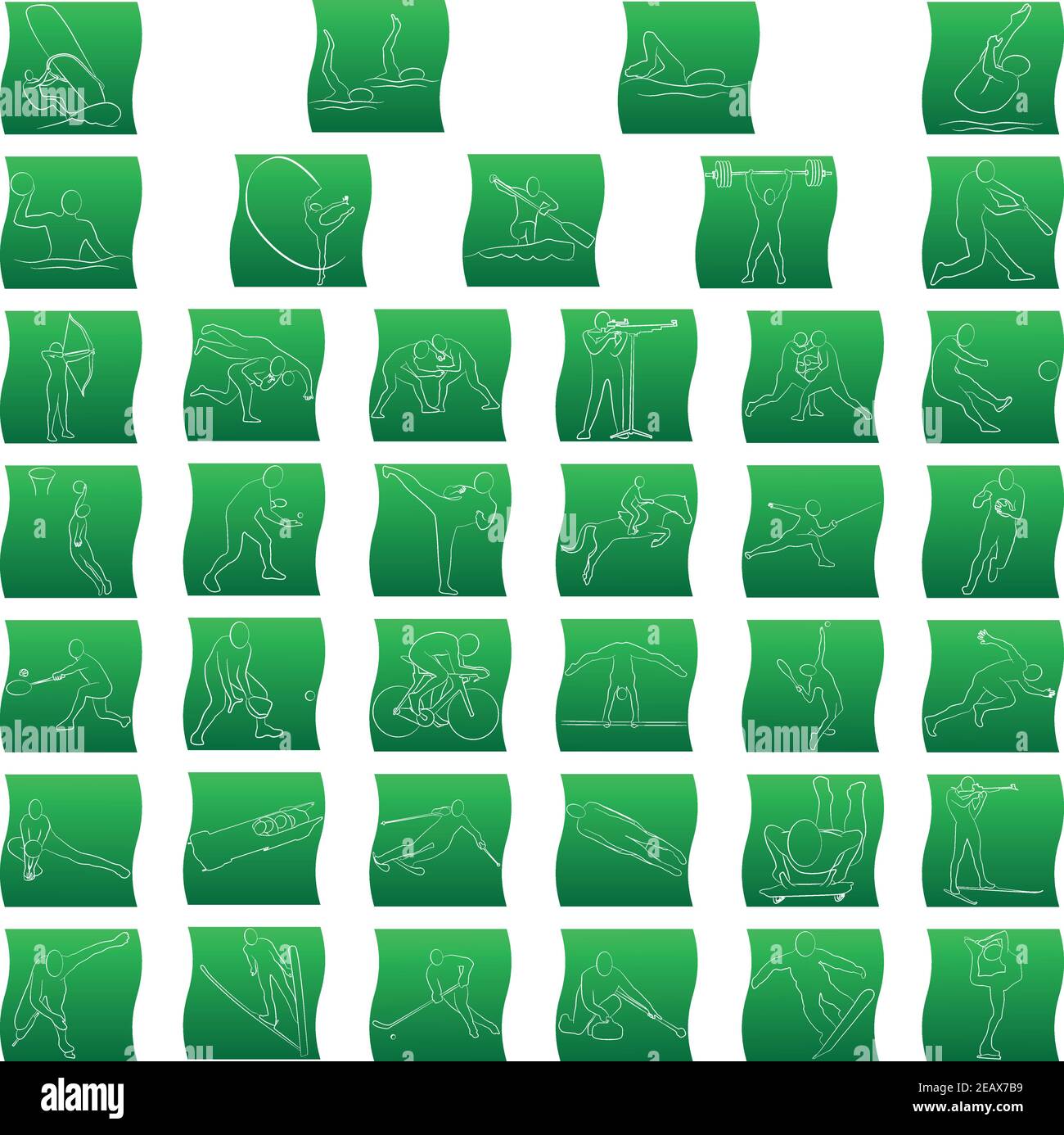 Set di 39 icone sportive olimpiche. Sagome delle linee di gradiente verdi. EPS vettoriale 10 Illustrazione Vettoriale