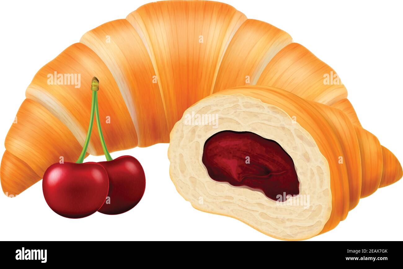 Croissant appena sfornato con ripieno di confettura di ciliegie e ciliegia fresca. Illustrazione vettoriale. Illustrazione Vettoriale