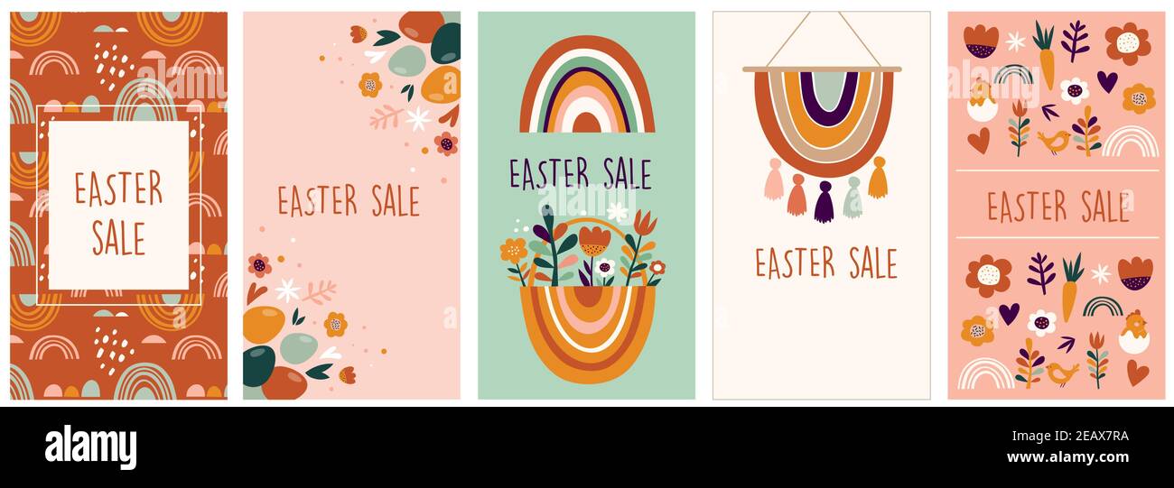 Boho concetto di design di Pasqua, modello di storia e set di striscioni con coniglietti, uova, fiori e arcobaleni in colori pastello e terracotta, vettore piatto Illustrazione Vettoriale