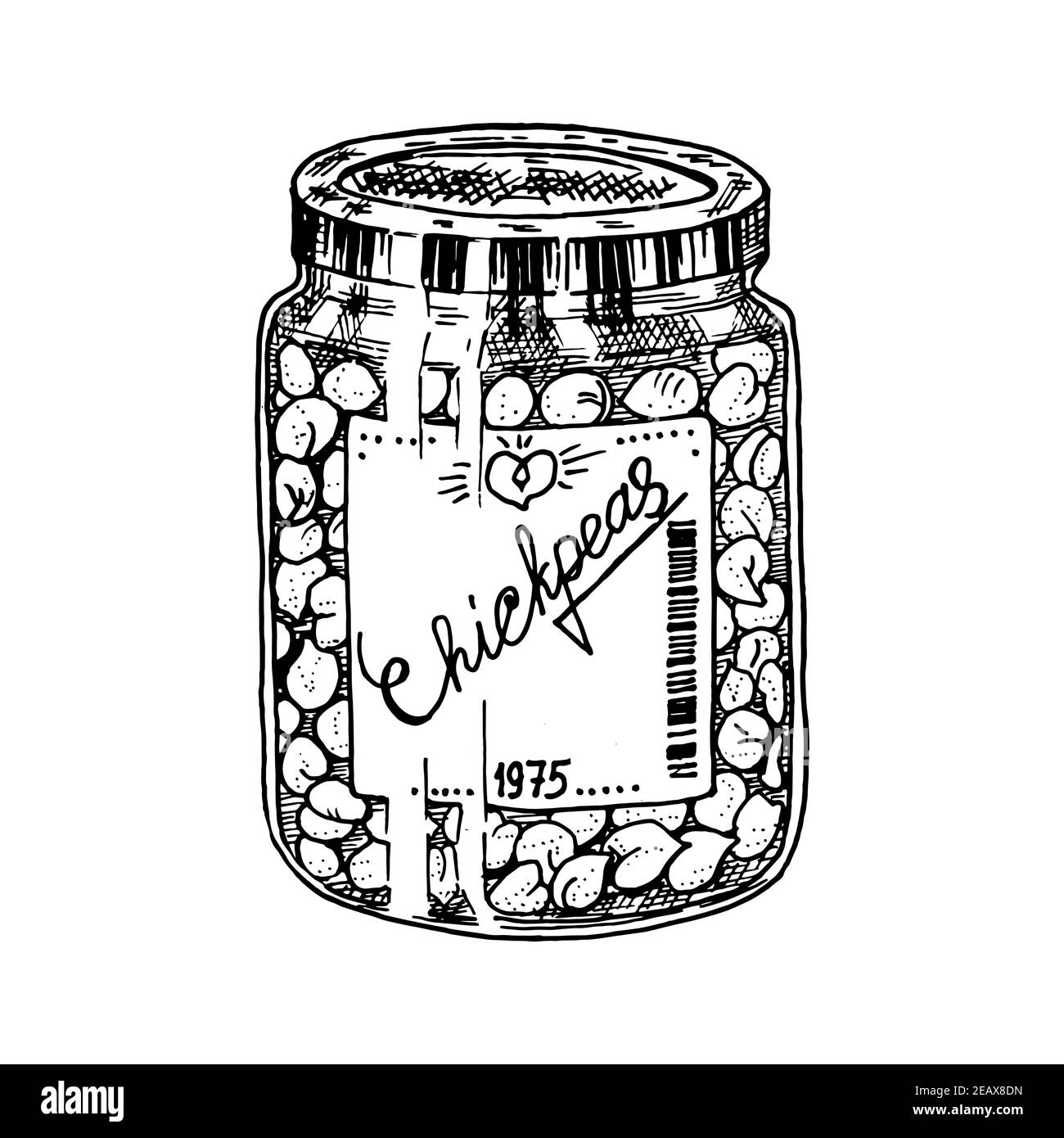 Vaso in vetro con ceci. Piselli confezionati. Ingrediente per cucinare cibo vegetariano. Illustrazione vintage disegnata a mano. Illustrazione Vettoriale