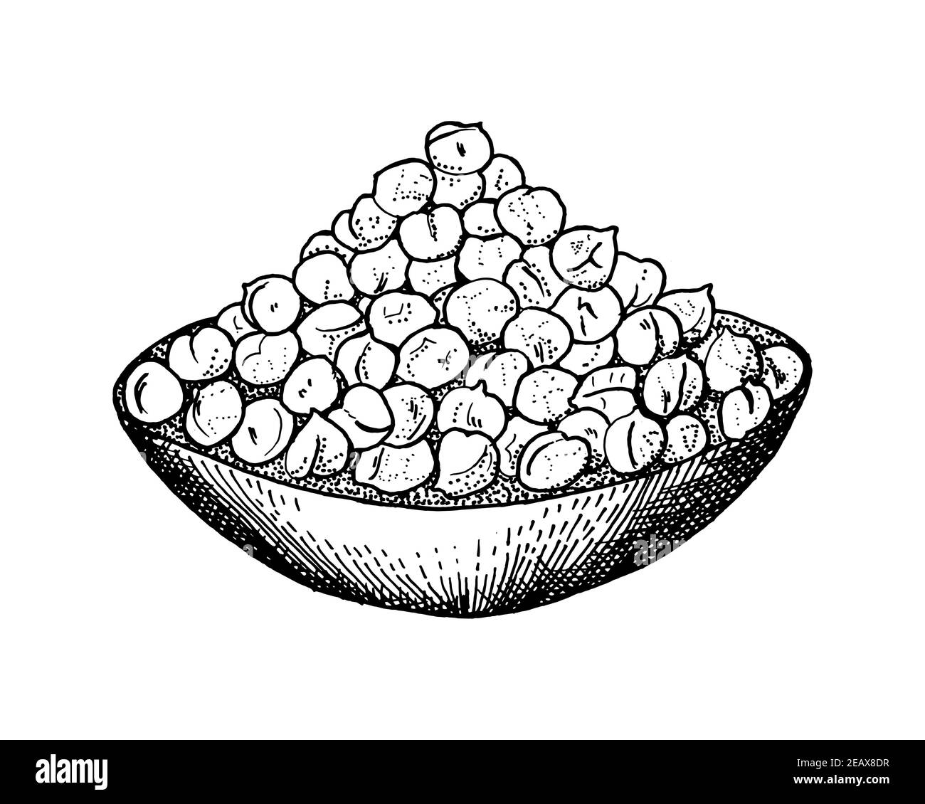 Ciotola con ceci. Manciata di piselli. Un ingrediente per fare l'hummus. Schizzo vintage disegnato a mano. Illustrazione Vettoriale