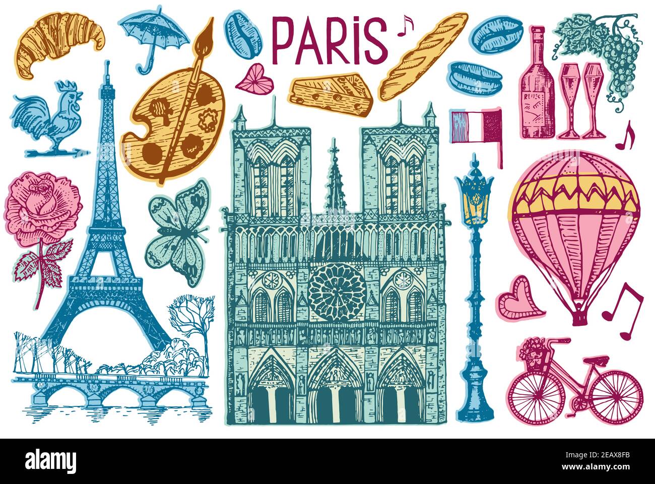 Parigi in stile retrò d'epoca. Francia, Torre eiffel ed edifici. Elementi doodle retrò. Illustrazione vettoriale. Schizzo retrò inciso disegnato a mano Illustrazione Vettoriale