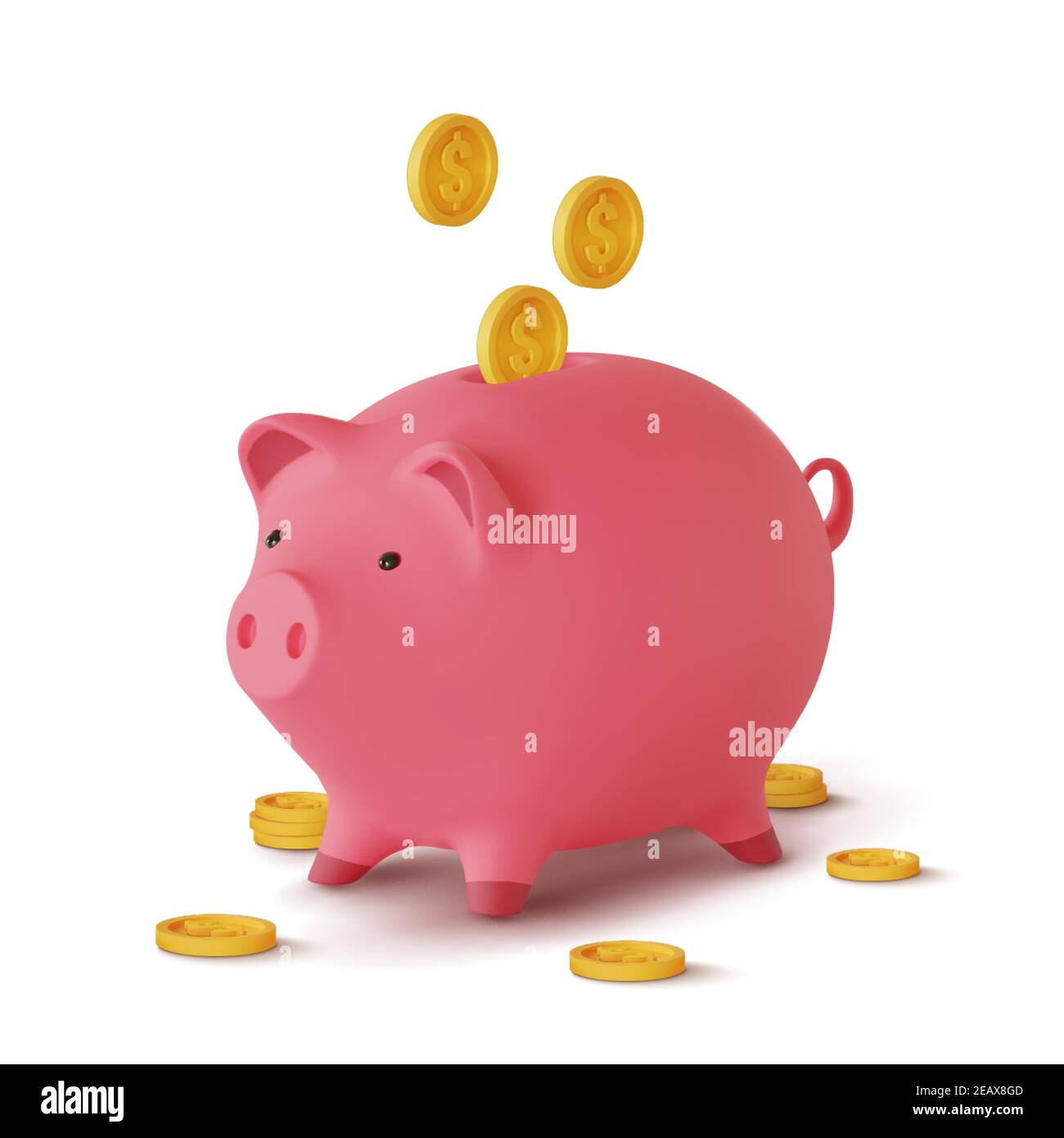 moneybox 3d realistico sotto forma di un maiale e monete che cadono, isolato su sfondo bianco, illustrazione vettoriale Illustrazione Vettoriale