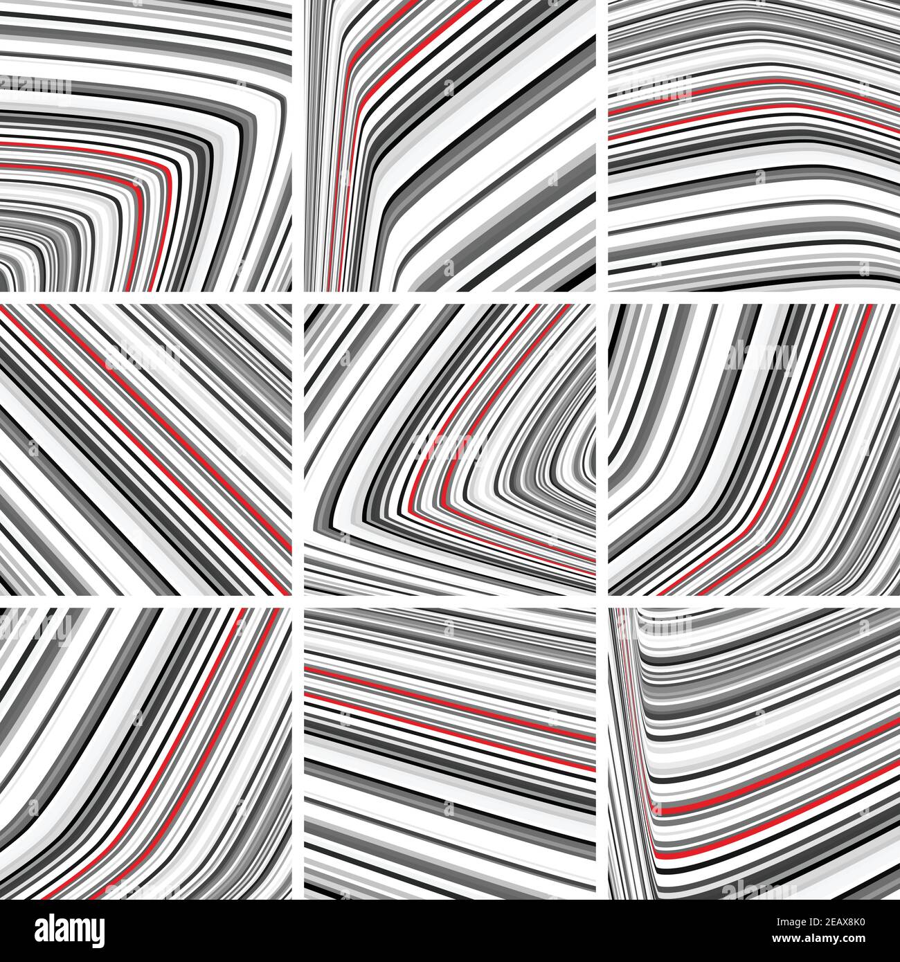 Set di motivi astratti a strisce con strisce sottili in bianco e nero e rosso. Disegno vettoriale grafico Illustrazione Vettoriale