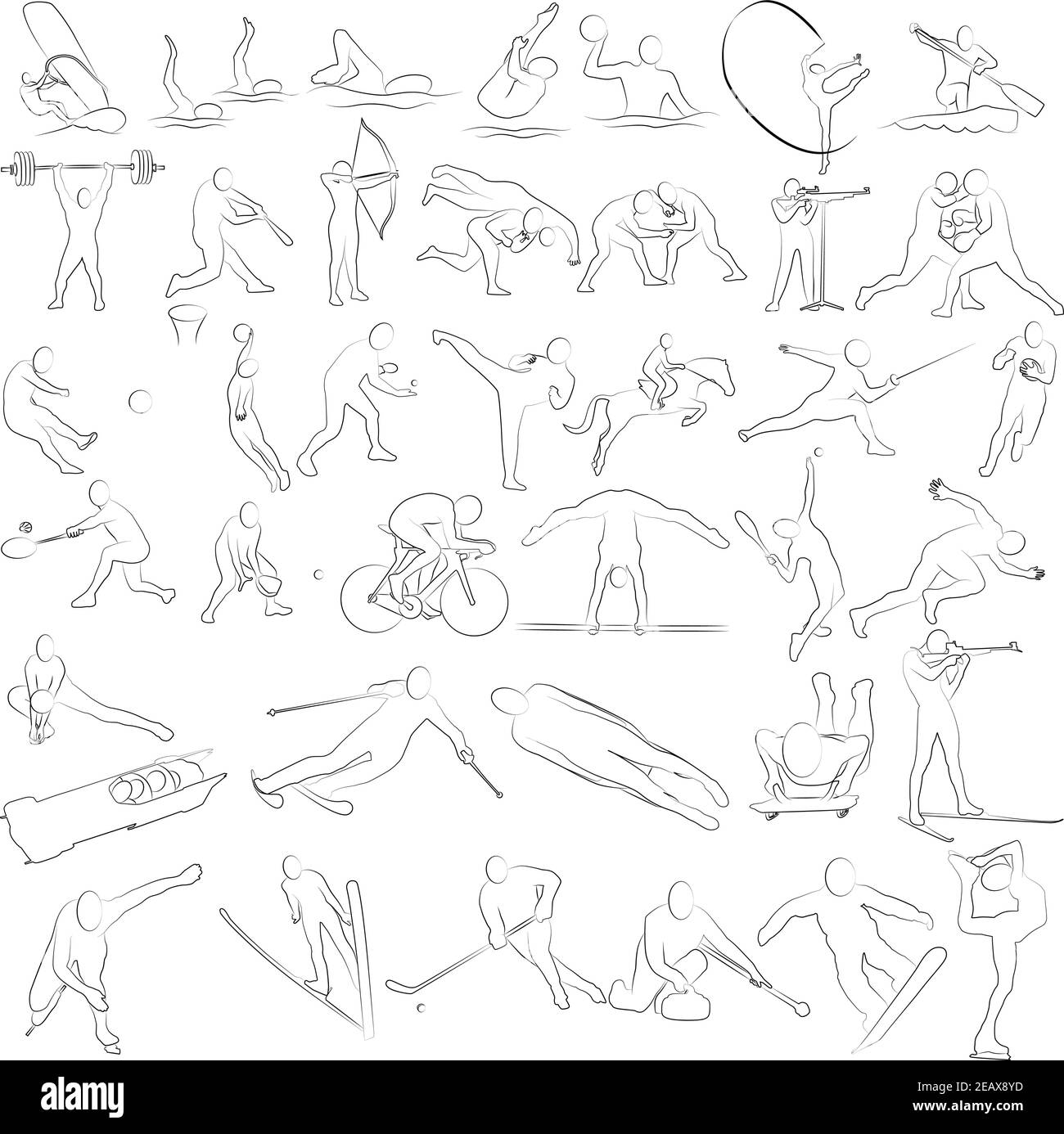 Set di 38 icone sportive olimpiche. Sagome in bianco e nero. EPS vettoriale 10 Illustrazione Vettoriale