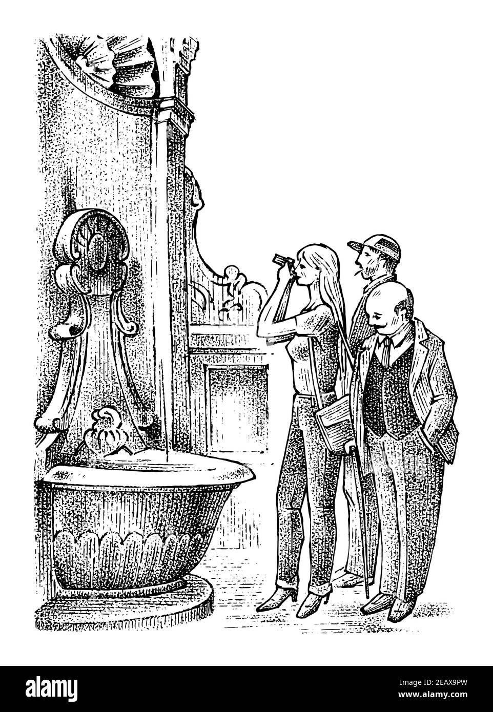 I turisti stanno esplorando il punto di riferimento europeo. La donna scatta una foto con la fotocamera. Antica fontana. Il visitatore guarda all'architettura Urbana Illustrazione Vettoriale