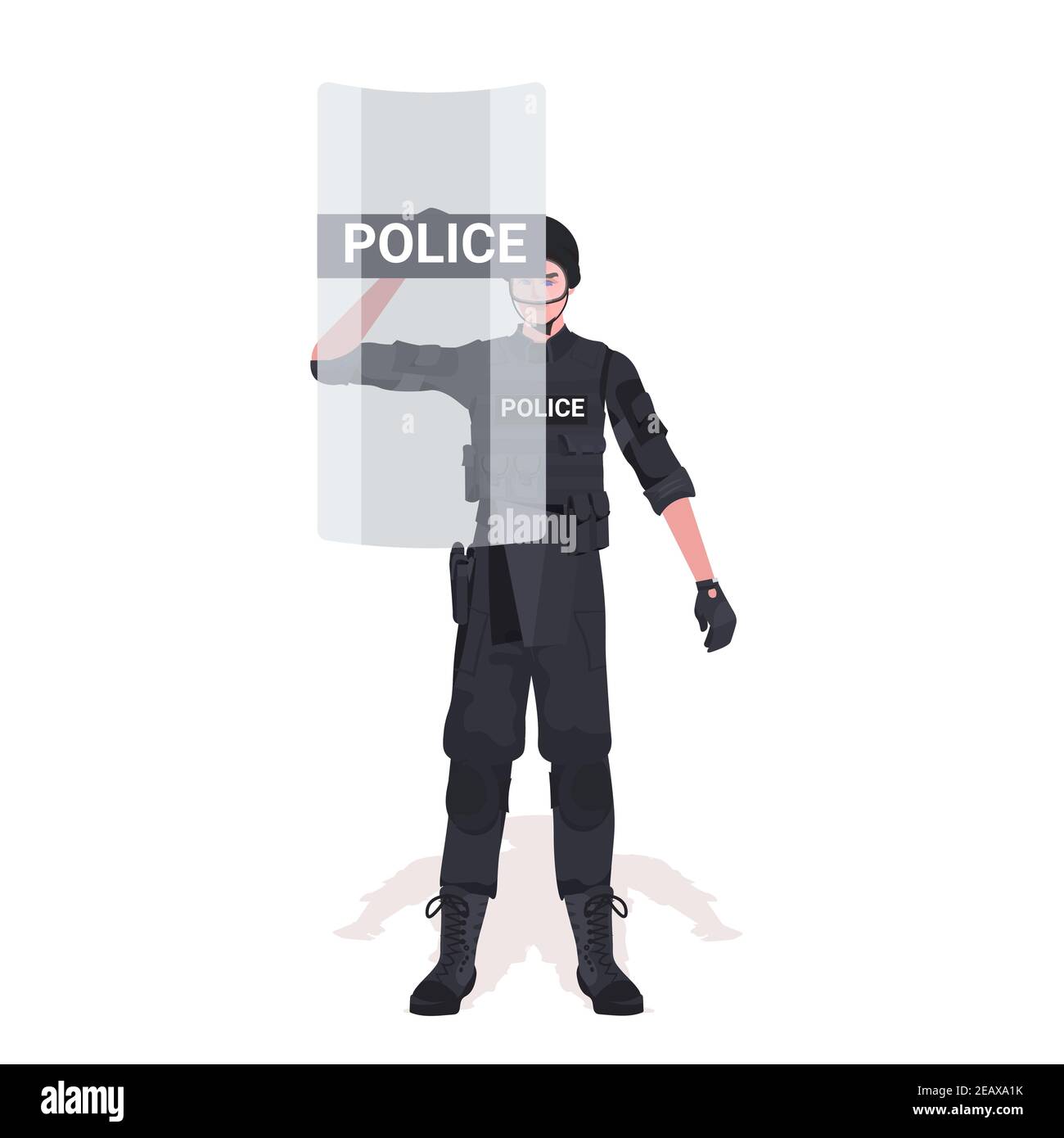 poliziotto in completo tattico attrezzatura riot poliziotto con scudo e manifestanti e dimostrazioni di tumulti concetto di controllo di massa a lunghezza intera illustrazione vettoriale Illustrazione Vettoriale